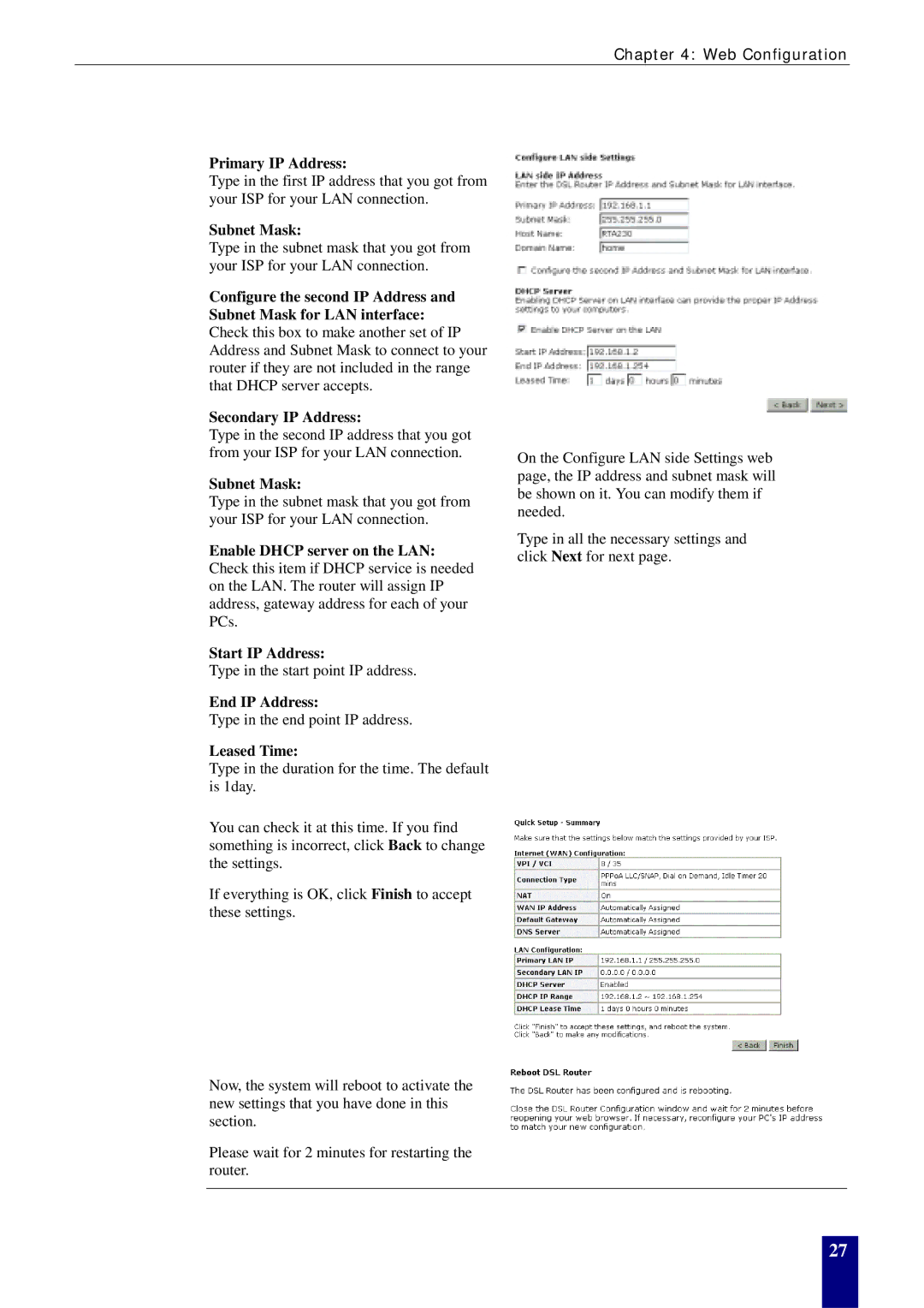 Dynalink RTA770W user manual Primary IP Address, Subnet Mask, End IP Address, Leased Time 