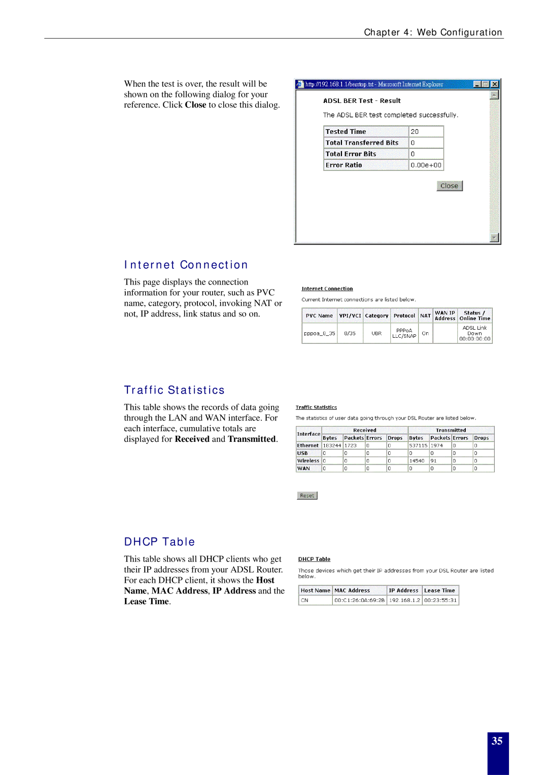 Dynalink RTA770W user manual Internet Connection, Traffic Statistics, Dhcp Table 