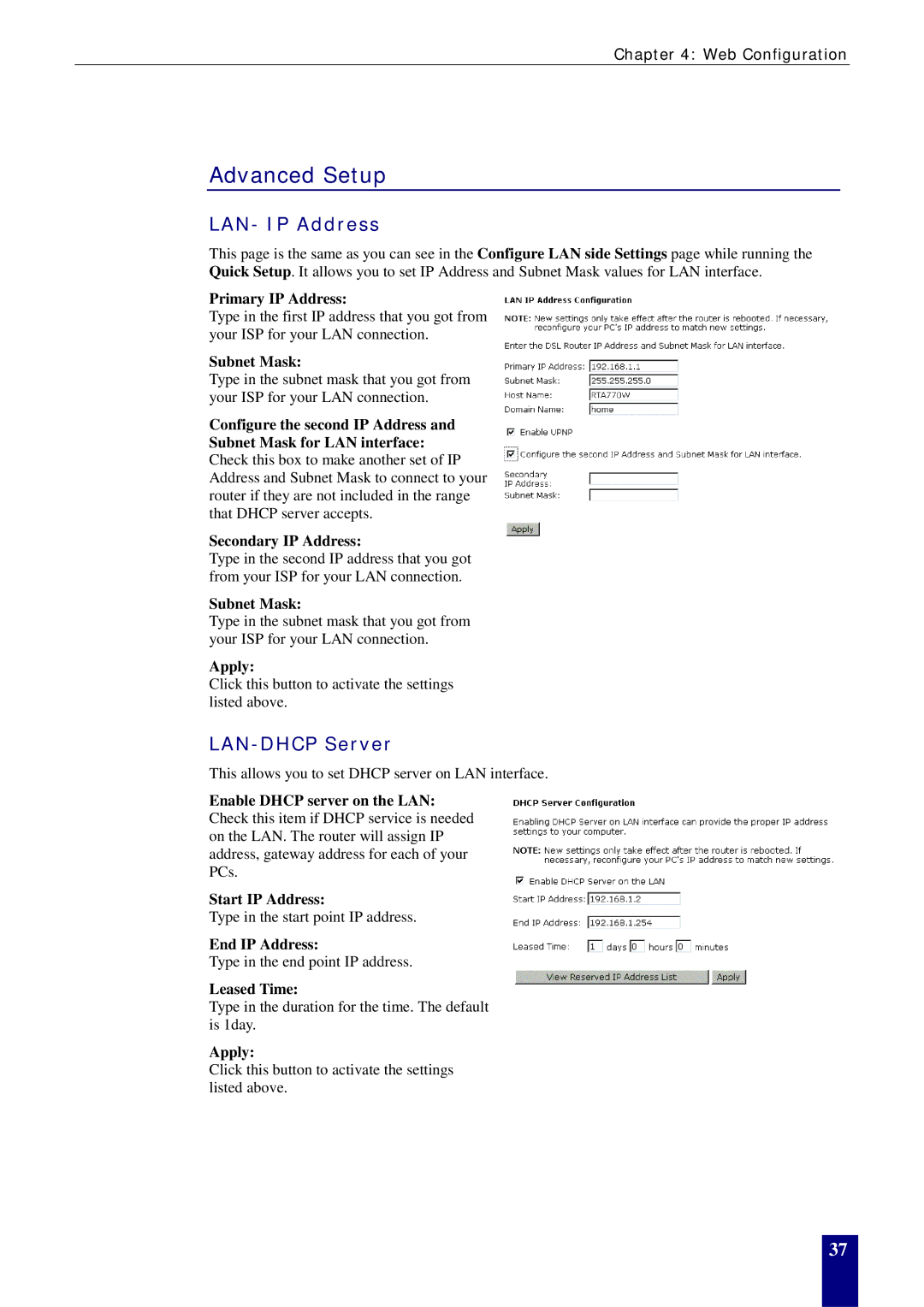 Dynalink RTA770W user manual Advanced Setup, LAN- IP Address, LAN-DHCP Server, Apply 