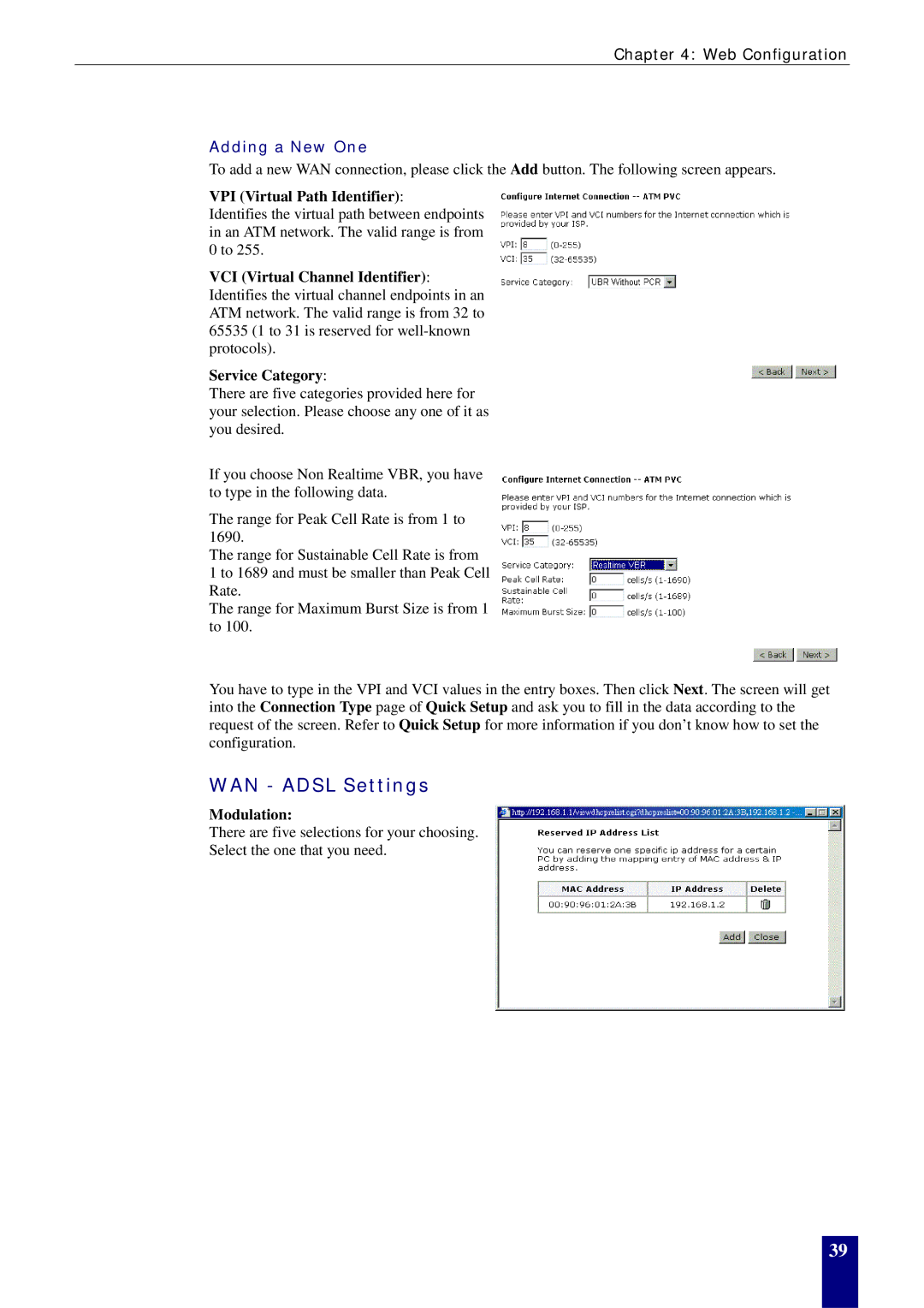 Dynalink RTA770W user manual WAN Adsl Settings, Adding a New One, VPI Virtual Path Identifier, Modulation 