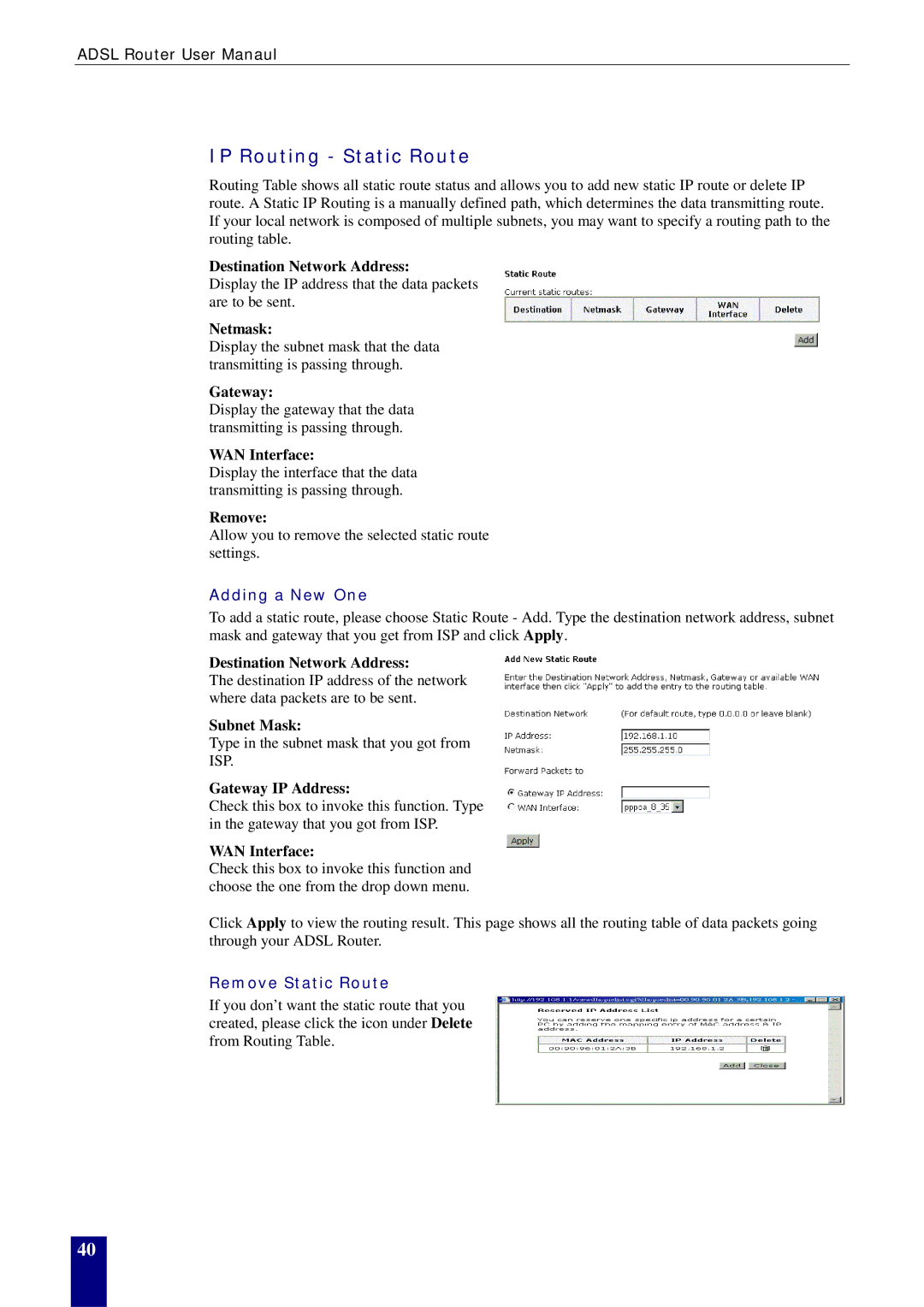 Dynalink RTA770W user manual IP Routing Static Route, Remove Static Route 