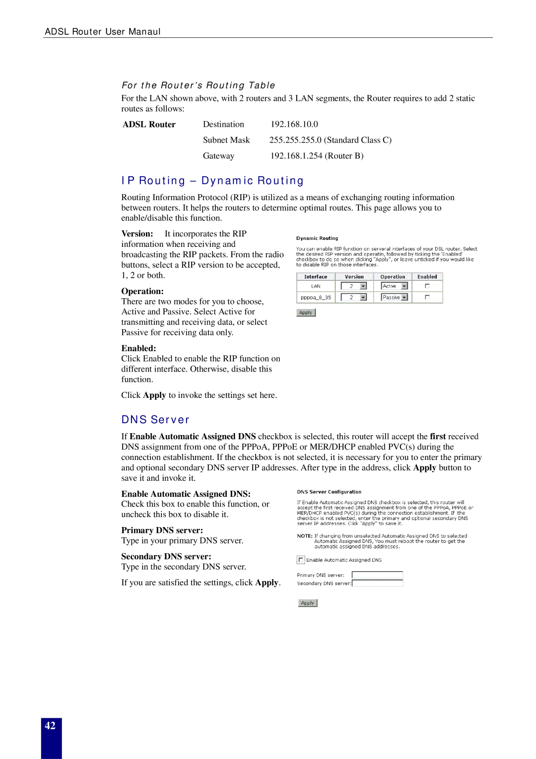 Dynalink RTA770W user manual IP Routing Dynamic Routing, DNS Server, Adsl Router, Operation, Enabled 