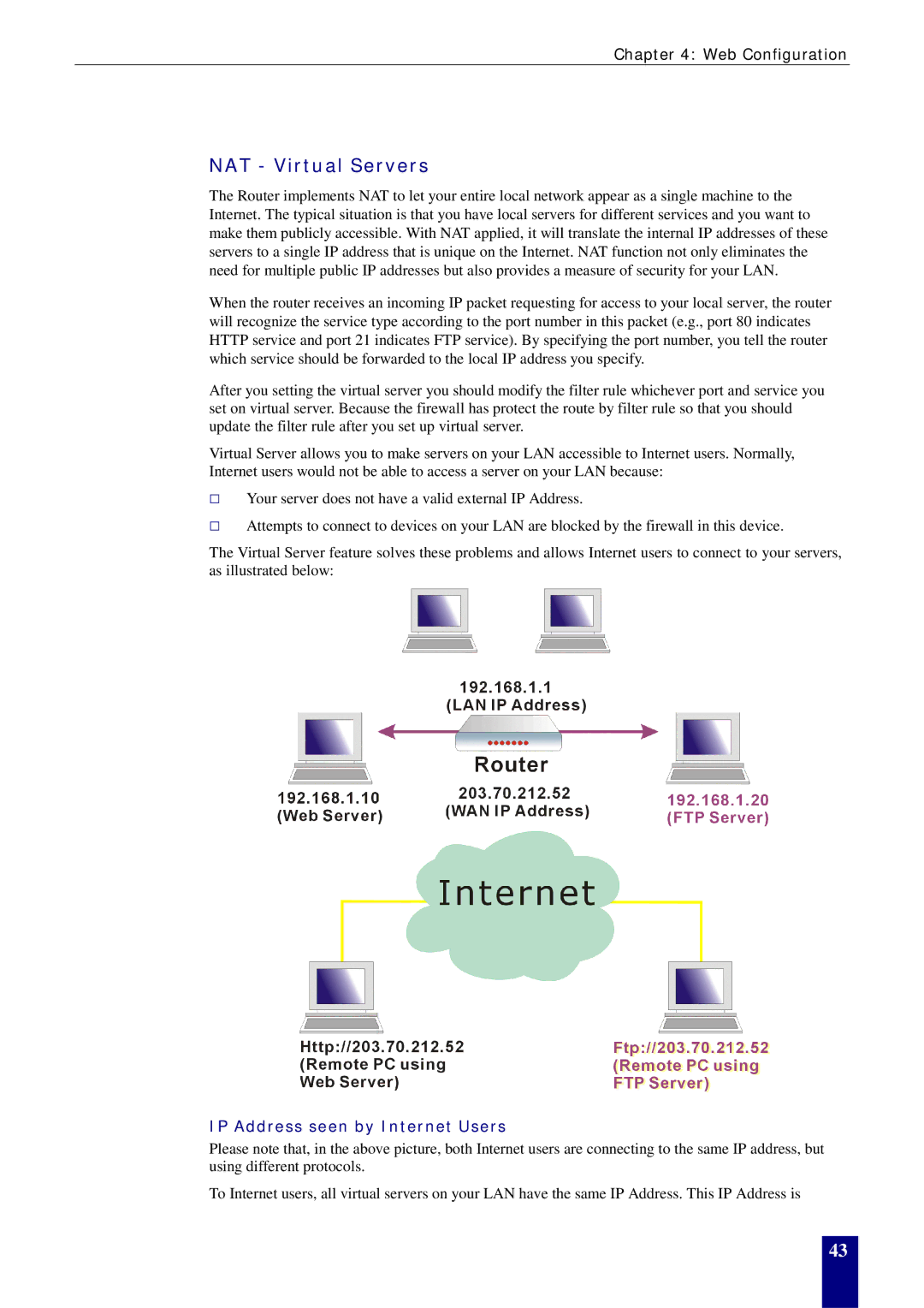 Dynalink RTA770W user manual NAT Virtual Servers, IP Address seen by Internet Users 