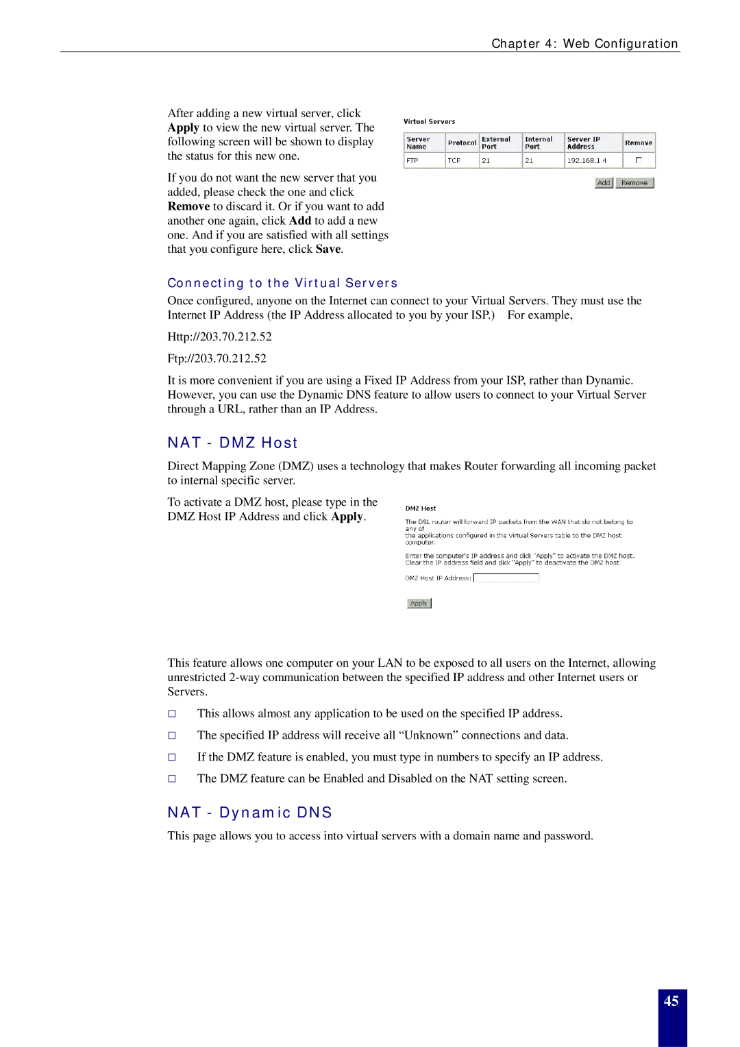 Dynalink RTA770W user manual NAT DMZ Host, NAT Dynamic DNS, Connecting to the Virtual Servers 