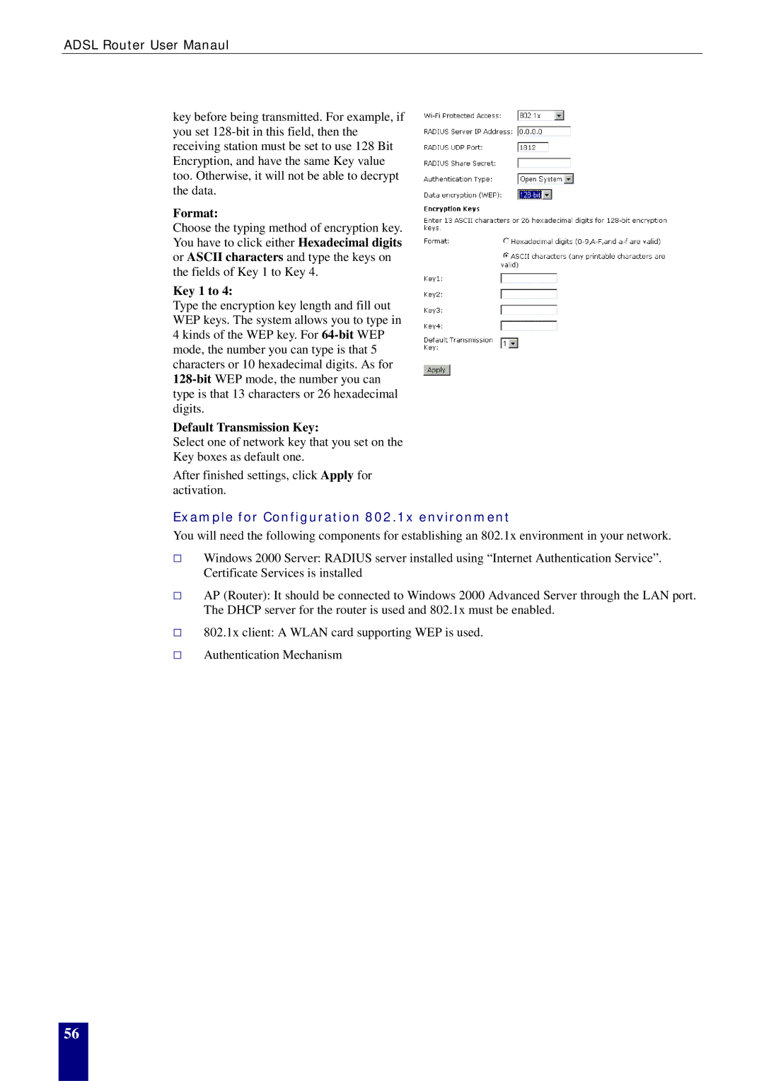 Dynalink RTA770W user manual Example for Configuration 802.1x environment 