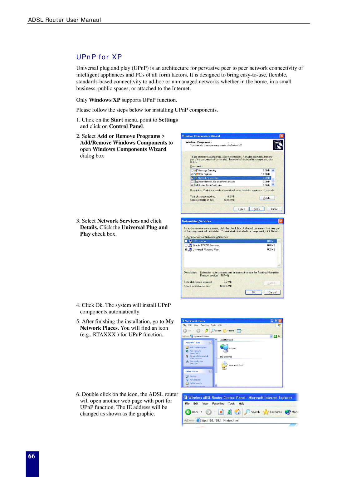 Dynalink RTA770W user manual UPnP for XP 