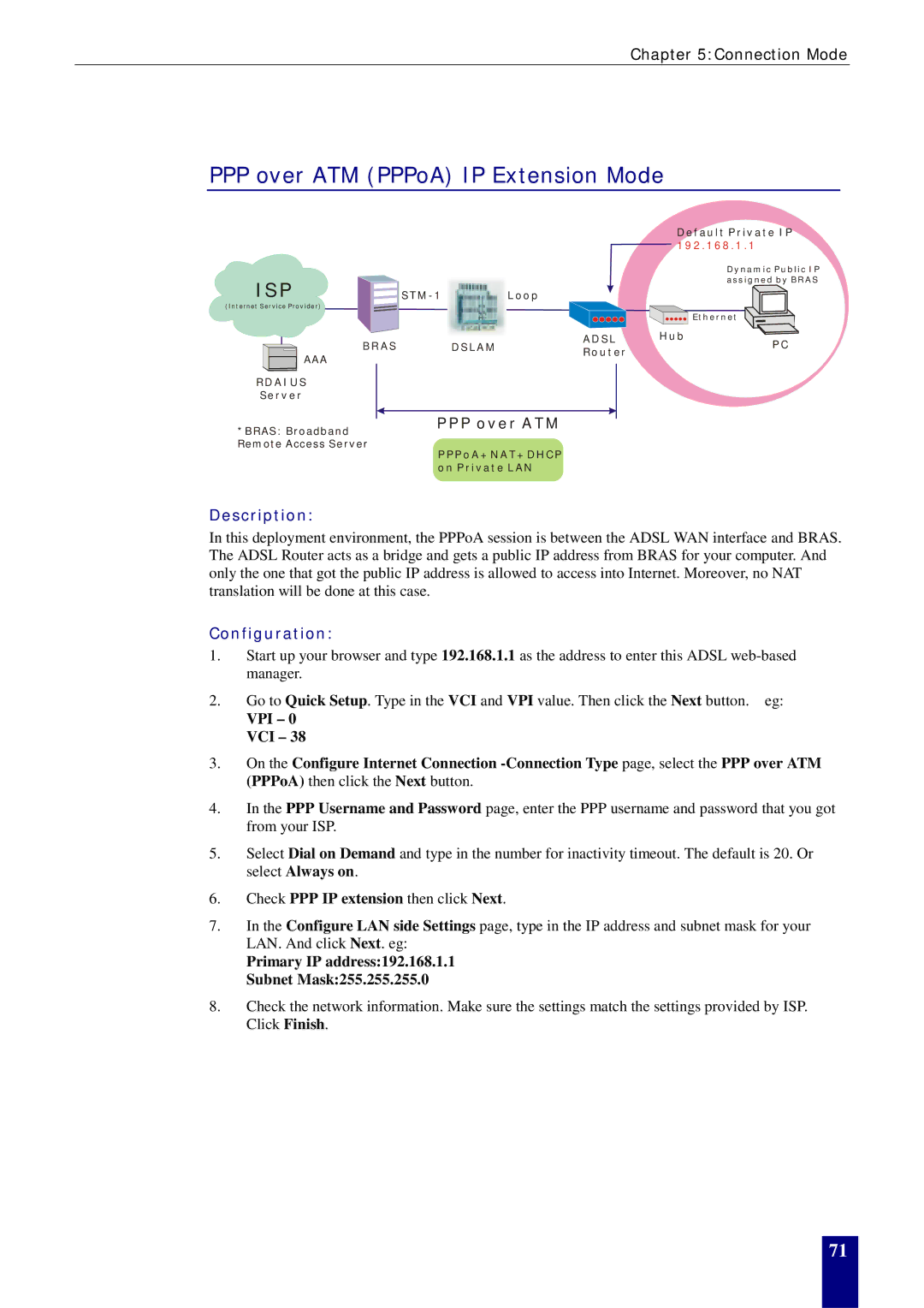 Dynalink RTA770W user manual PPP over ATM PPPoA IP Extension Mode, Check PPP IP extension then click Next 