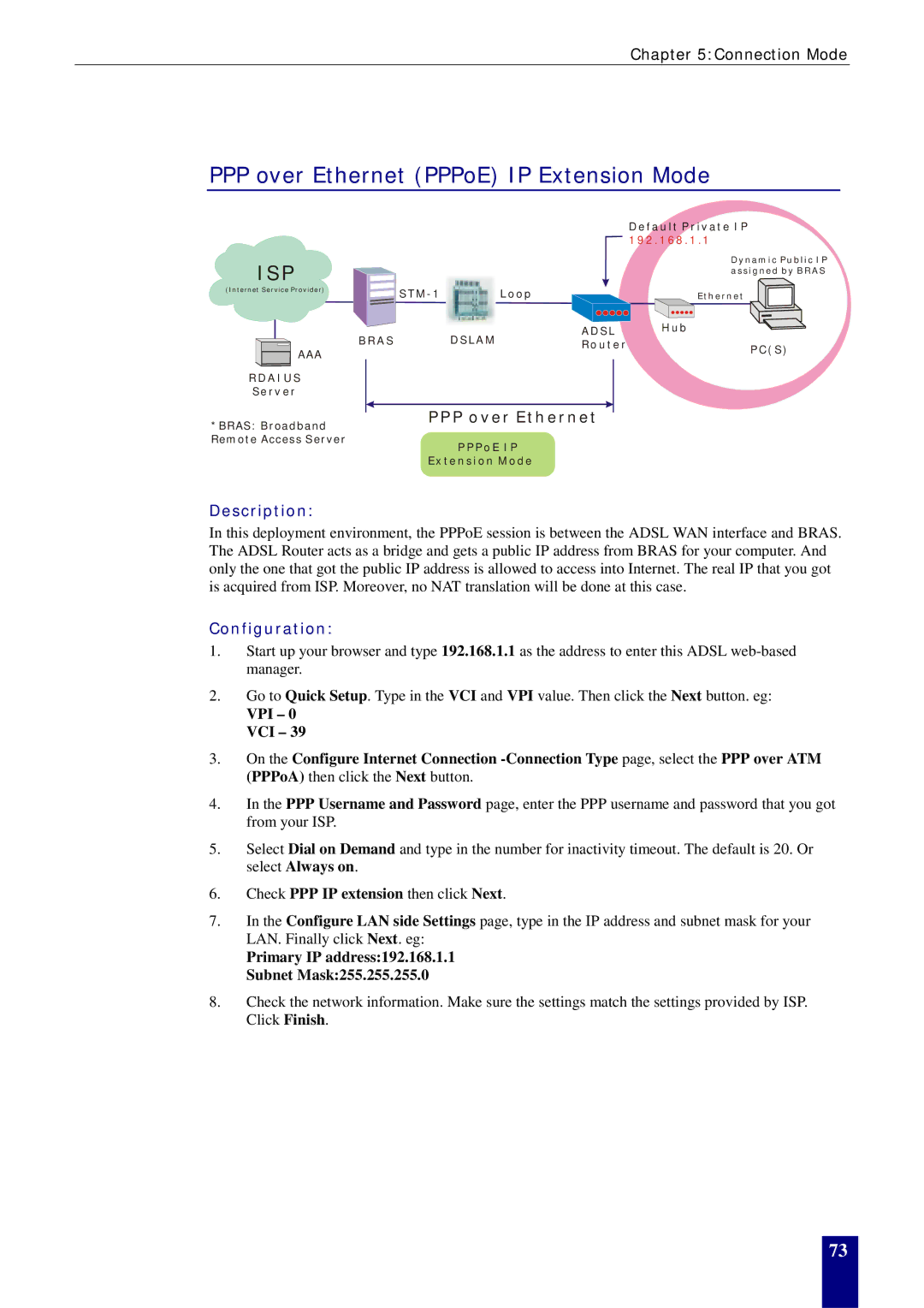 Dynalink RTA770W user manual PPP over Ethernet PPPoE IP Extension Mode 