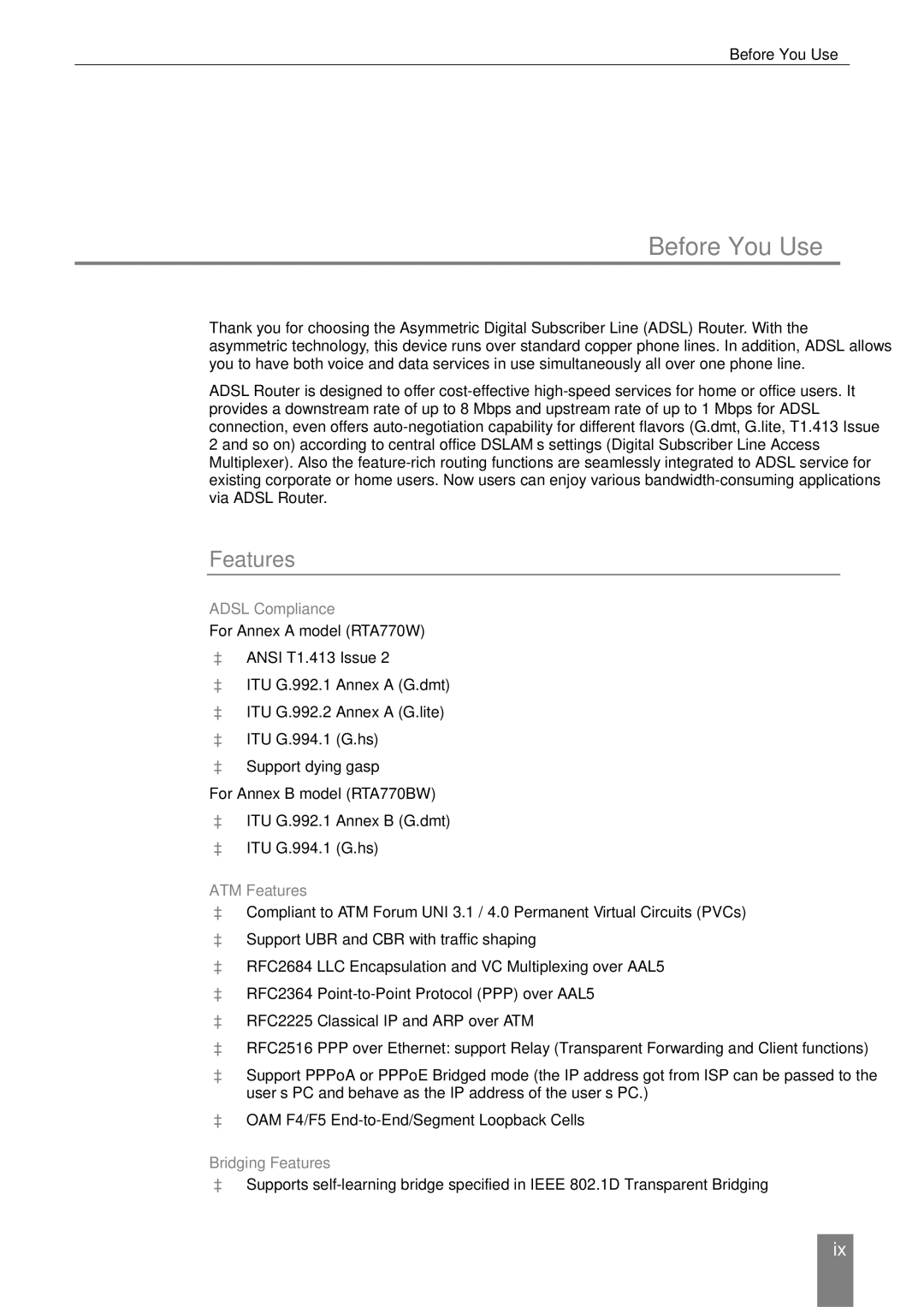 Dynalink RTA770W user manual Adsl Compliance, ATM Features, Bridging Features 