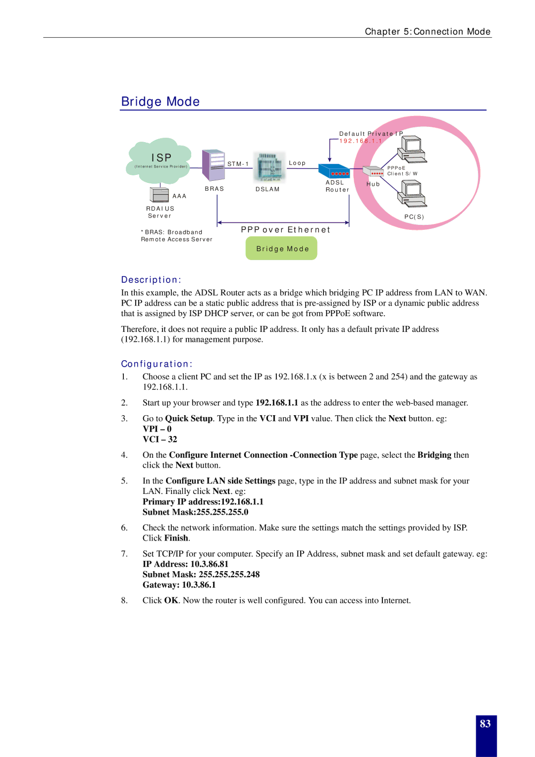 Dynalink RTA770W user manual Bridge Mode, Primary IP address192.168.1.1 Subnet Mask255.255.255.0 