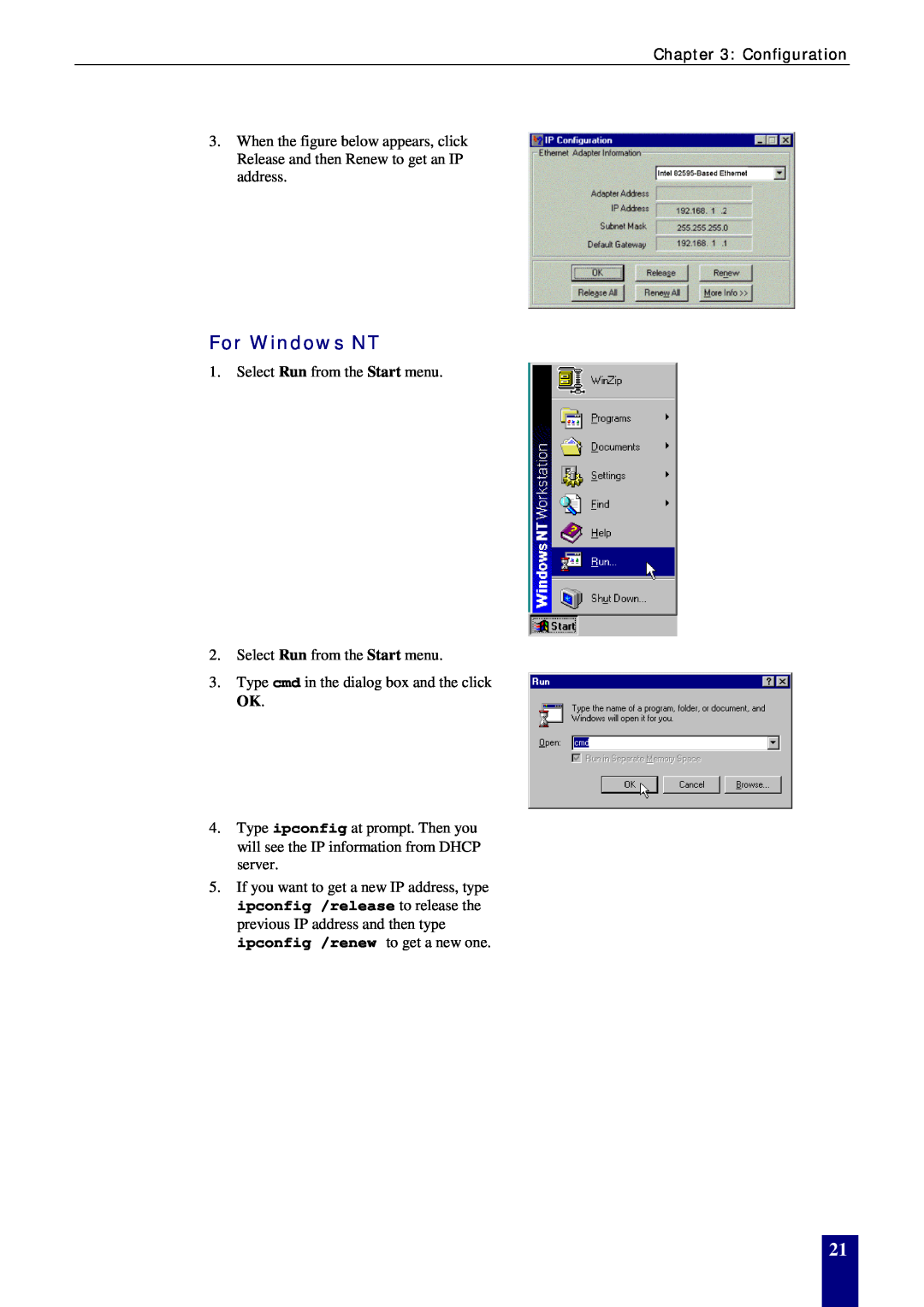 Dynalink RTA770W user manual For Windows NT, Select Run from the Start menu 2. Select Run from the Start menu 
