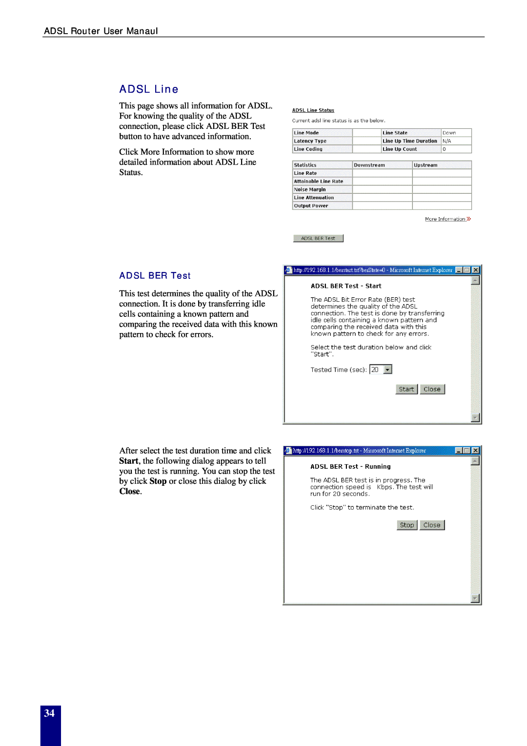 Dynalink RTA770W user manual ADSL Line, ADSL BER Test 
