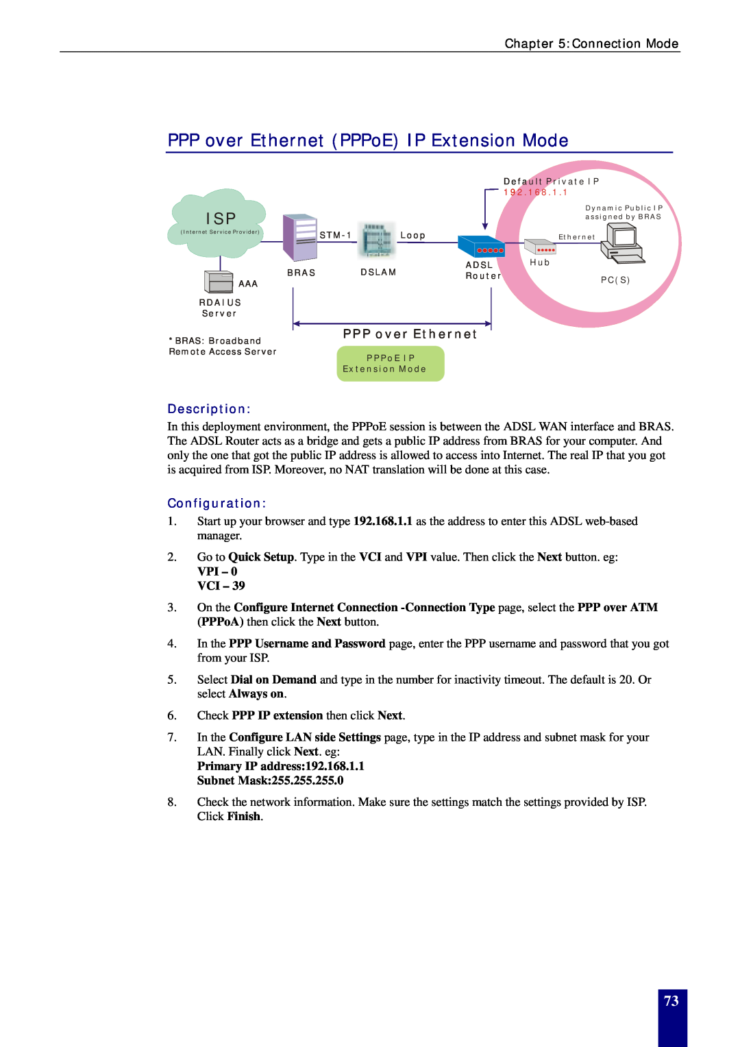 Dynalink RTA770W user manual PPP over Ethernet PPPoE IP Extension Mode, Description, Configuration, VPI - 0 VCI 