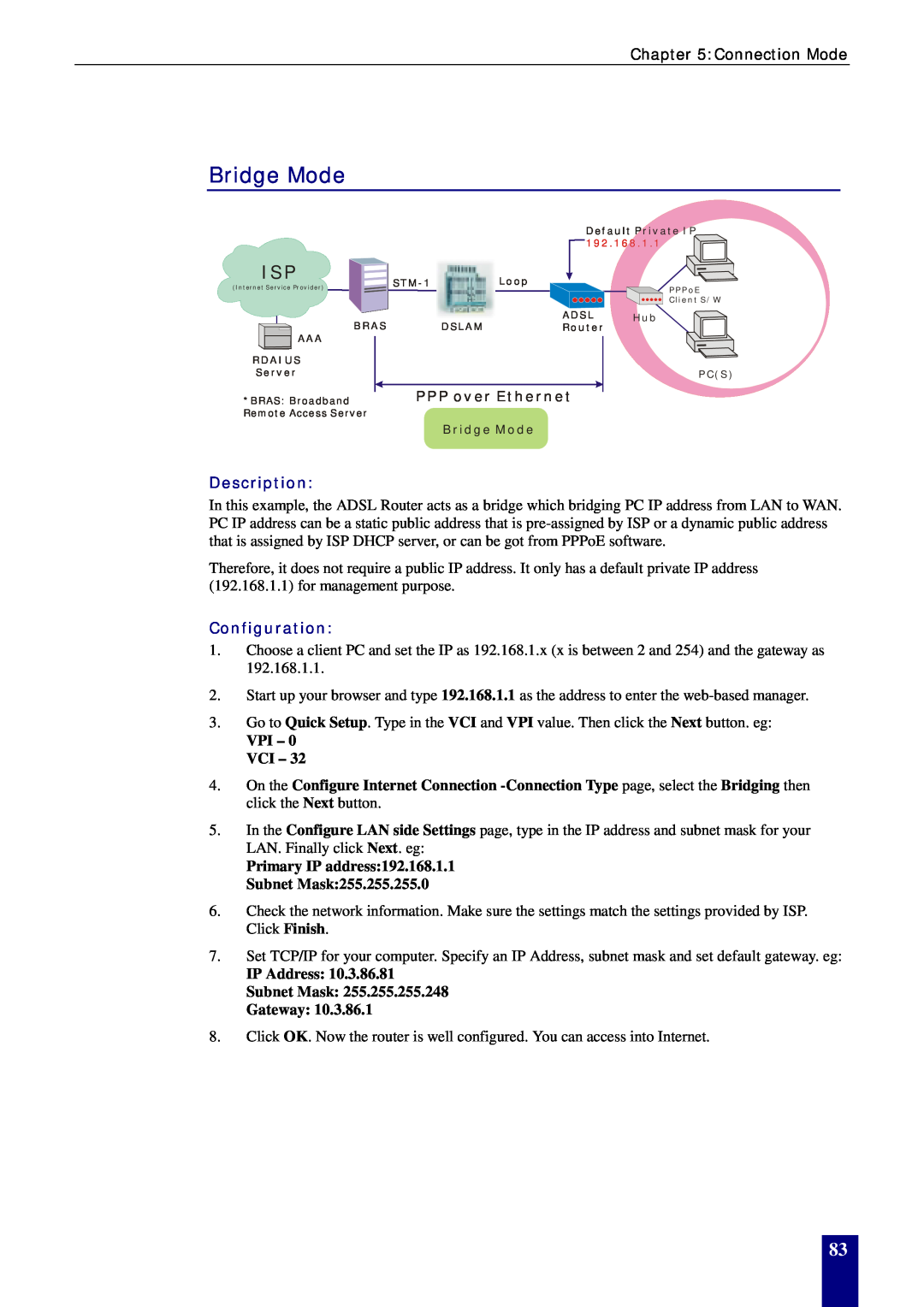 Dynalink RTA770W user manual Bridge Mode, Description, Configuration, VPI - 0 VCI, IP Address Subnet Mask Gateway 