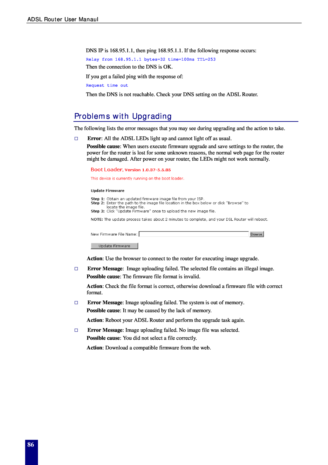 Dynalink RTA770W user manual Problems with Upgrading, ADSL Router User Manaul 