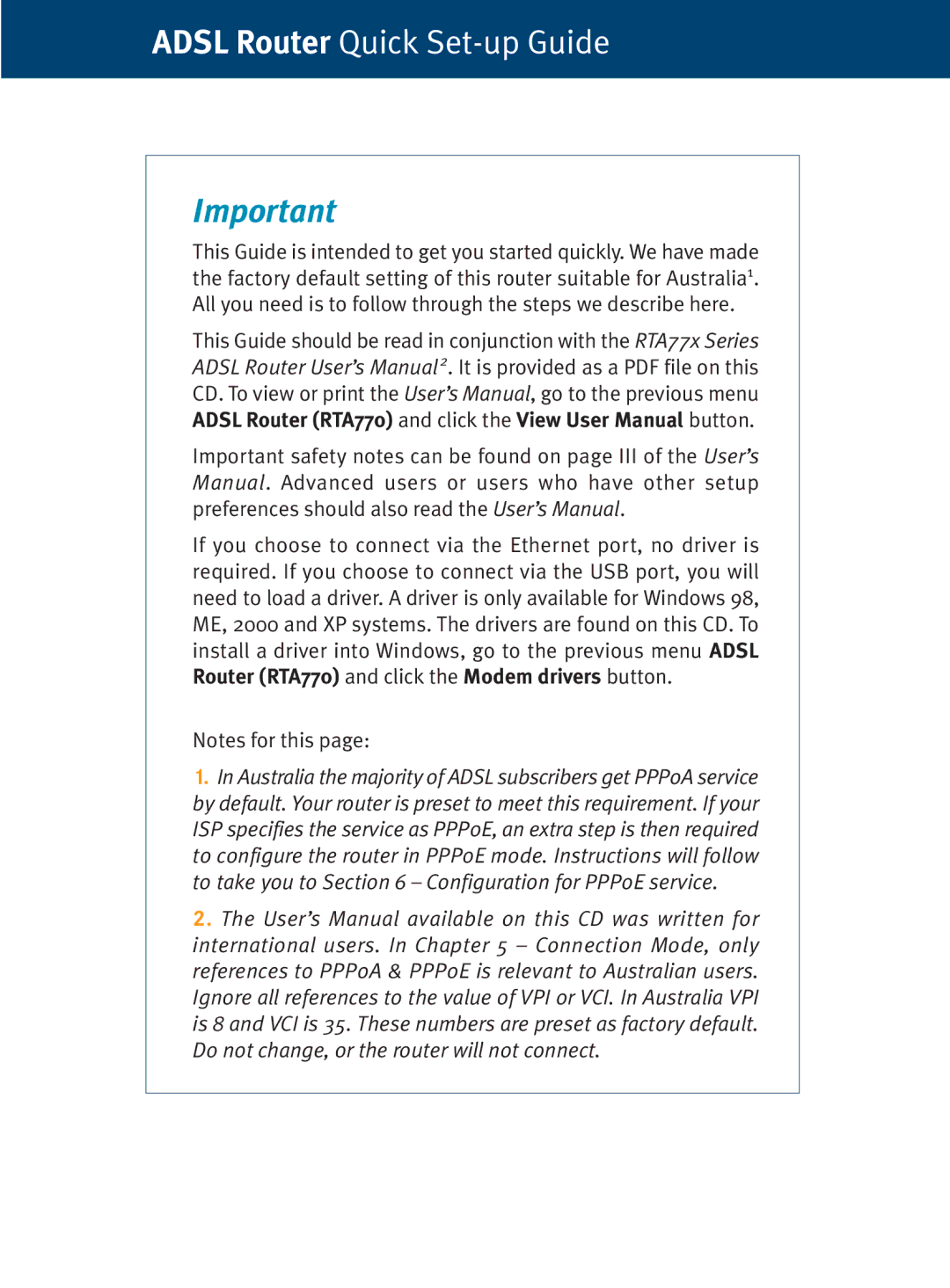 Dynalink RTA770 setup guide Adsl Router Quick Set-up Guide 