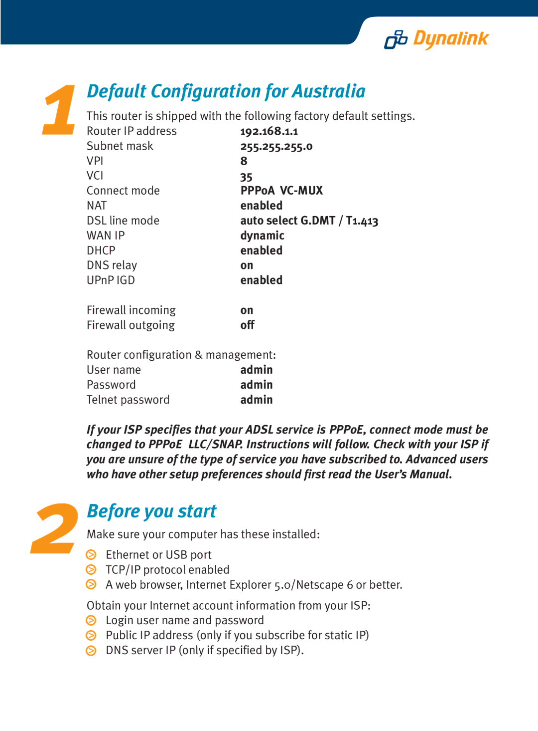 Dynalink RTA770 setup guide Default Configuration for Australia, 2Before you start 