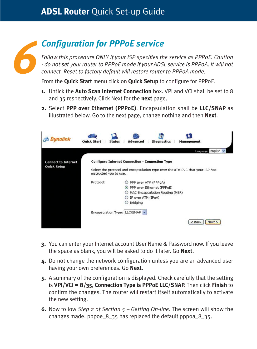 Dynalink RTA770 setup guide 6Configuration for PPPoE service 