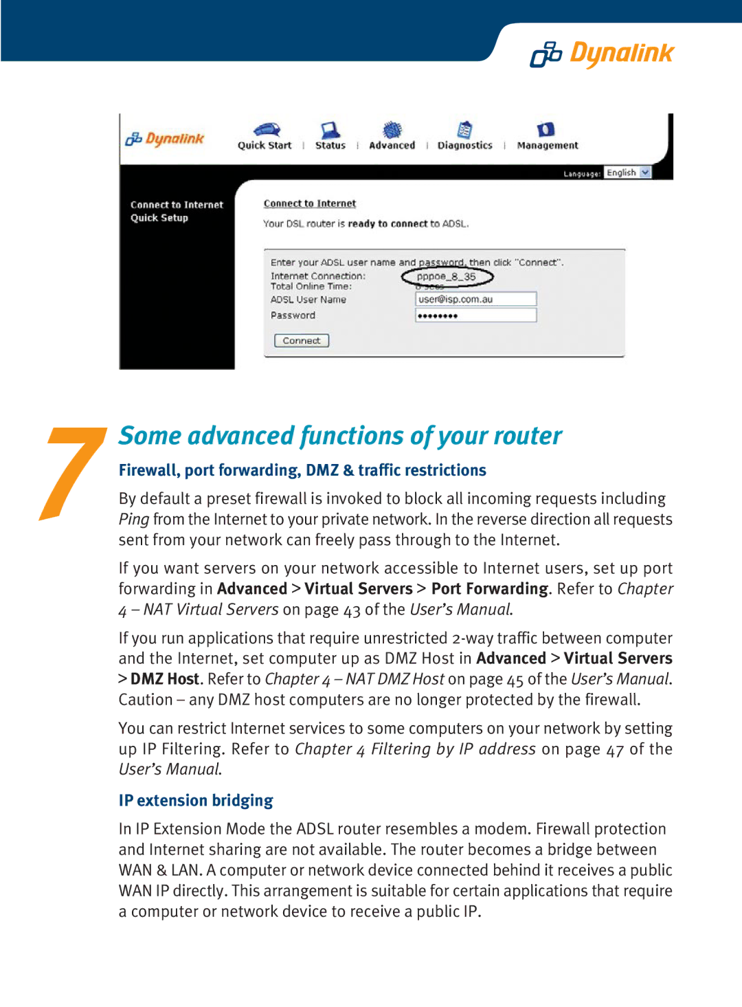 Dynalink RTA770 setup guide Some advanced functions of your router, Firewall, port forwarding, DMZ & traffic restrictions 