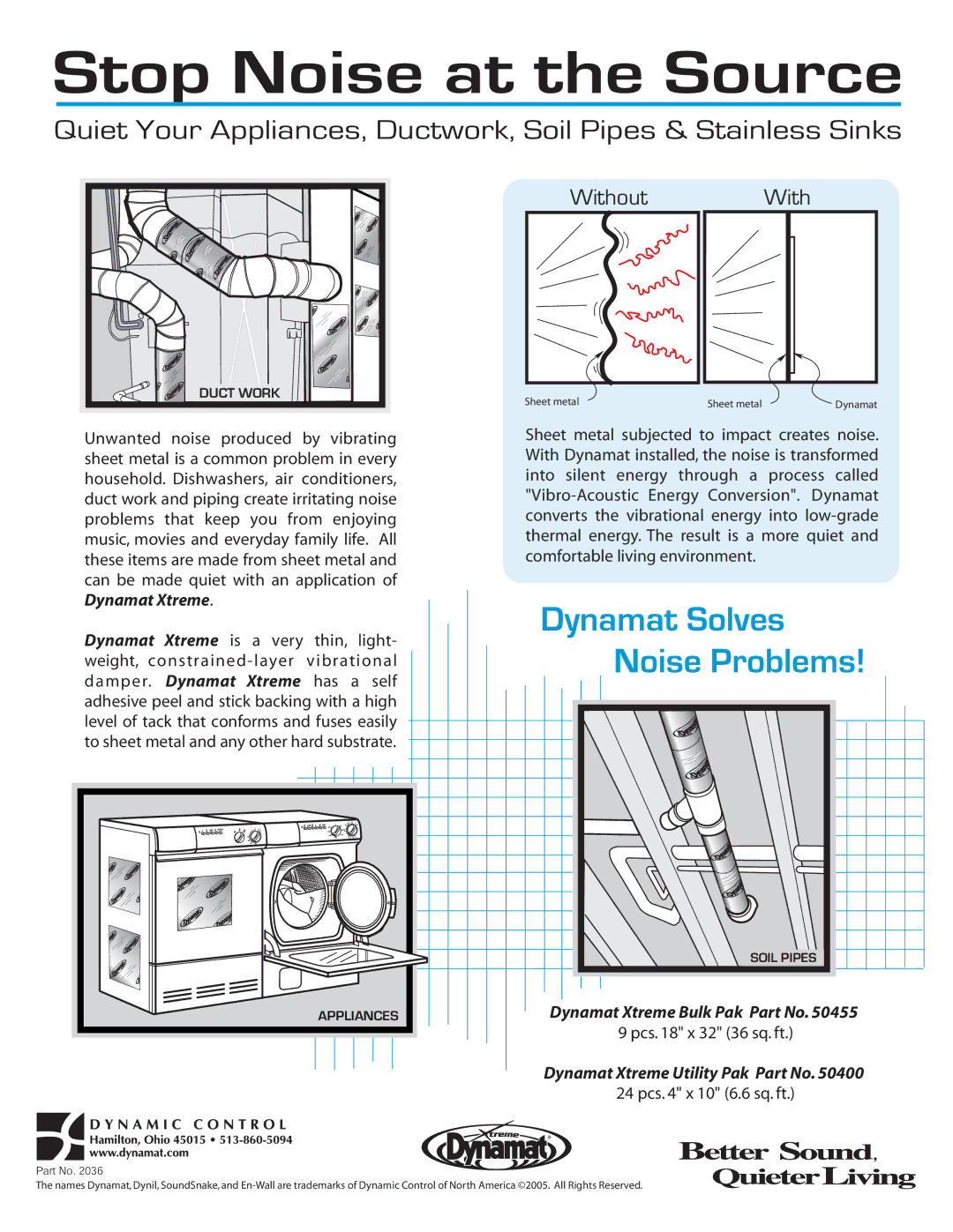 Dynamat 50400 manual Stop Noise at the Source, Dynamat Solves Noise Problems, WithoutWith, Dynamat Xtreme Bulk Pak Part No 