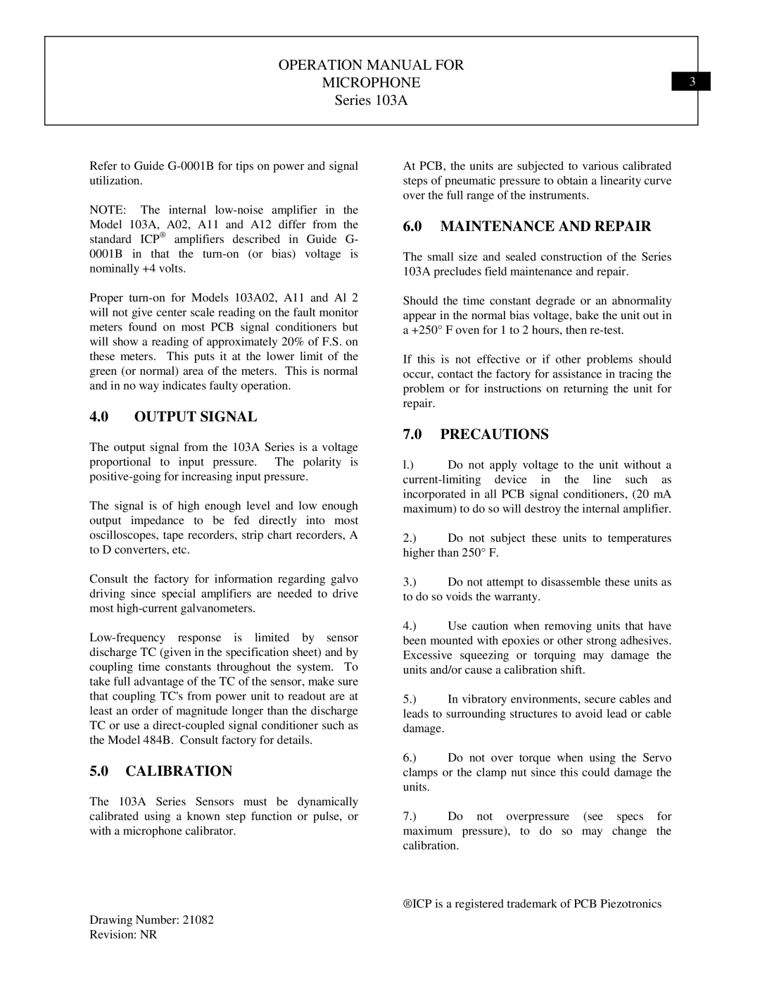 Dynamic Distributors 103B11 manual MICROPHONE3 Series 103A, Maintenance and Repair, Output Signal, Calibration, Precautions 