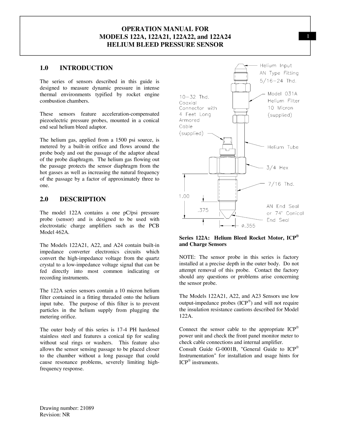 Dynamic Distributors 122A21 manual Helium Bleed Pressure Sensor Introduction, Description 