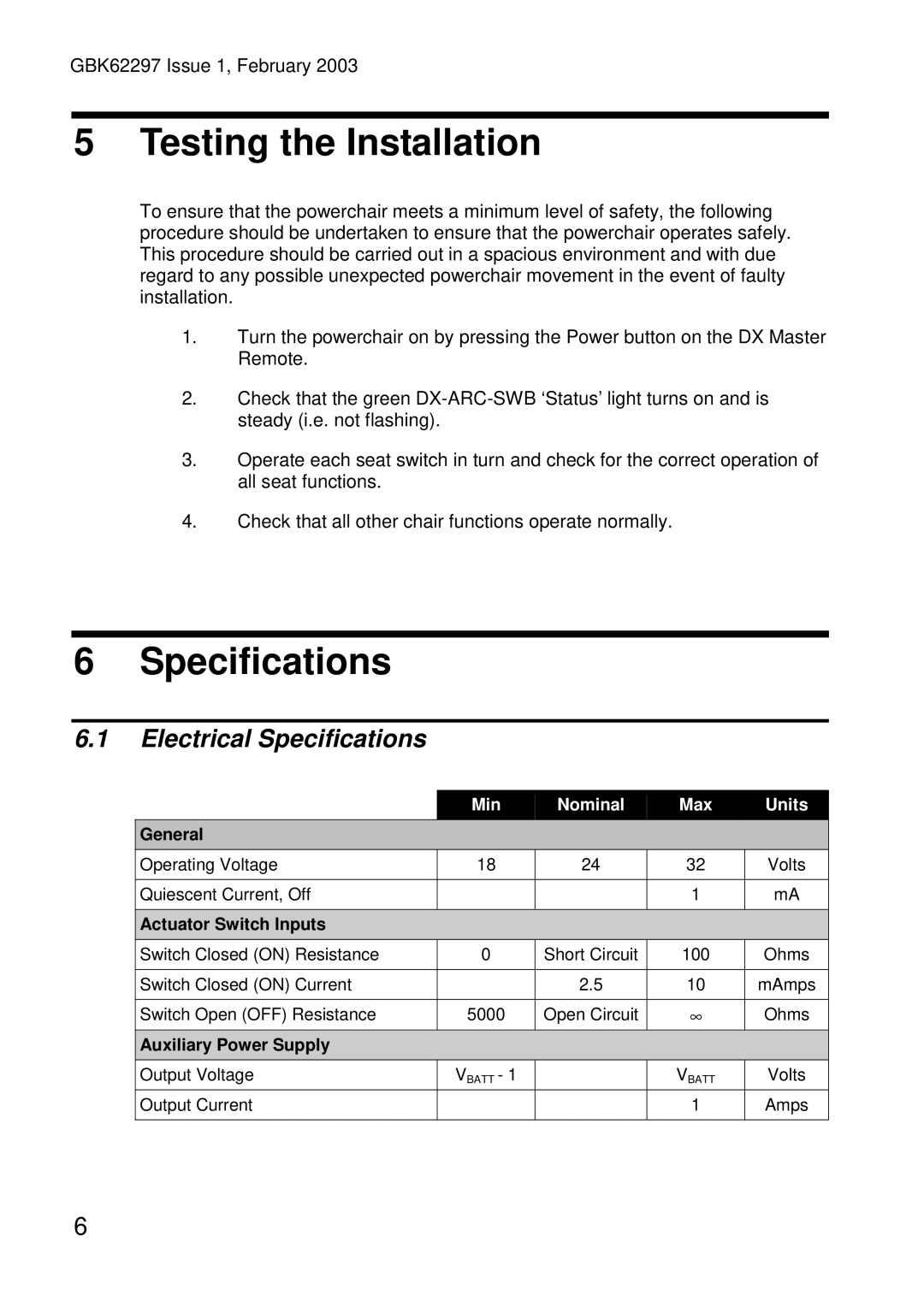 Dynamic Distributors DX-ARC-SWB installation manual Testing the Installation, Electrical Specifications 