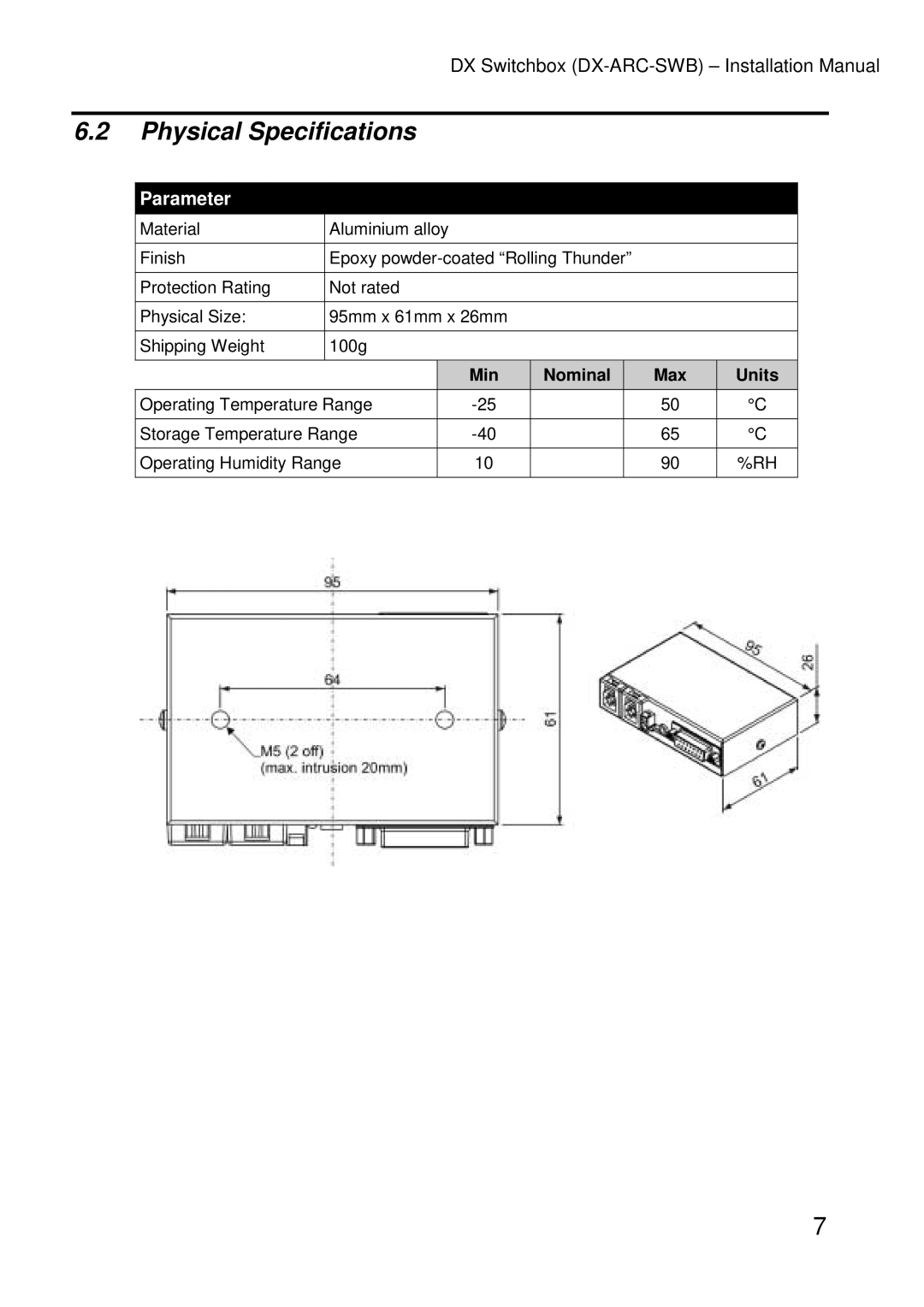 Dynamic Distributors DX-ARC-SWB installation manual Physical Specifications, Parameter 