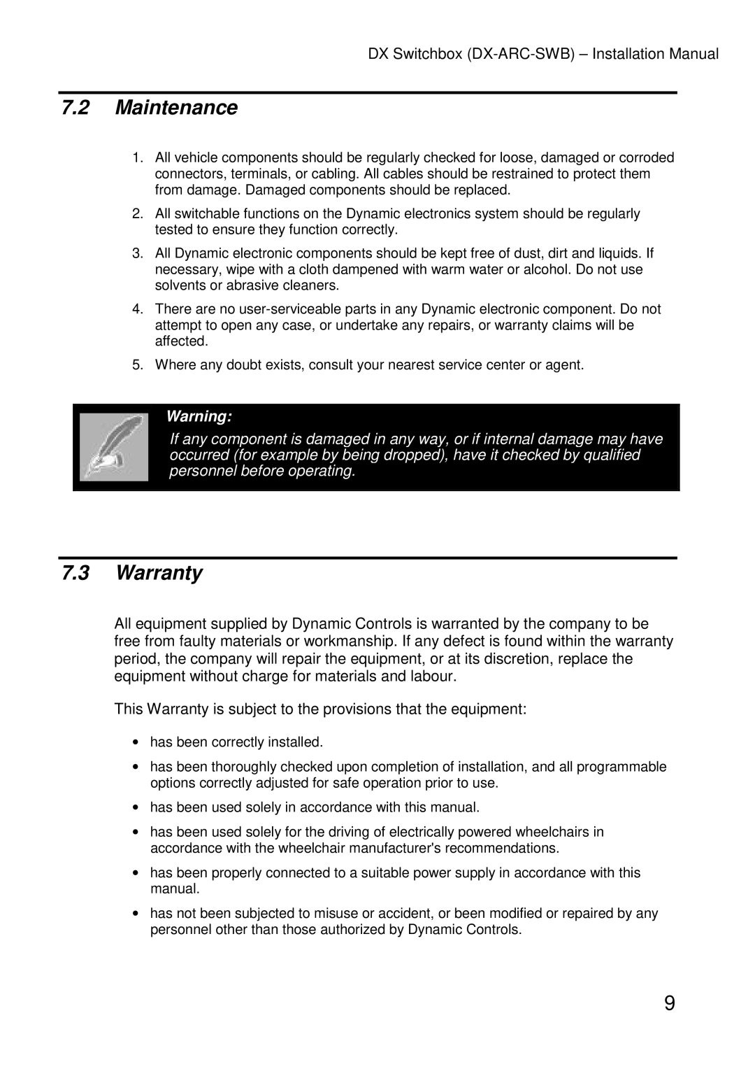 Dynamic Distributors DX-ARC-SWB installation manual Maintenance, Warranty 