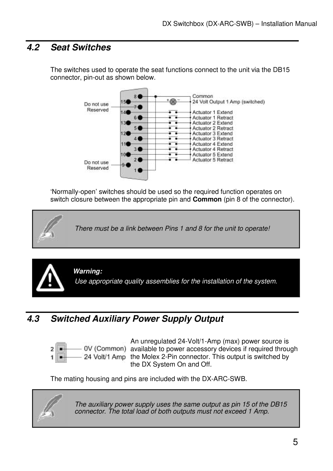 Dynamic Distributors DX-ARC-SWB installation manual Seat Switches, Switched Auxiliary Power Supply Output 