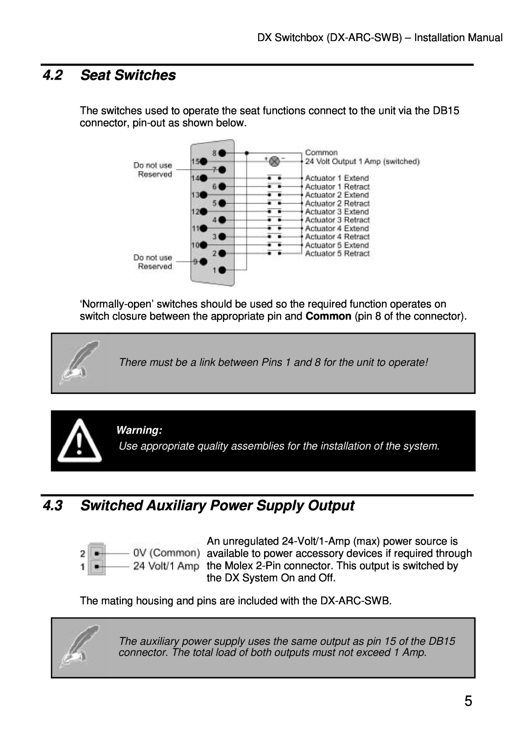 Dynamic Distributors DX-ARC-SWB installation manual Seat Switches, Switched Auxiliary Power Supply Output 