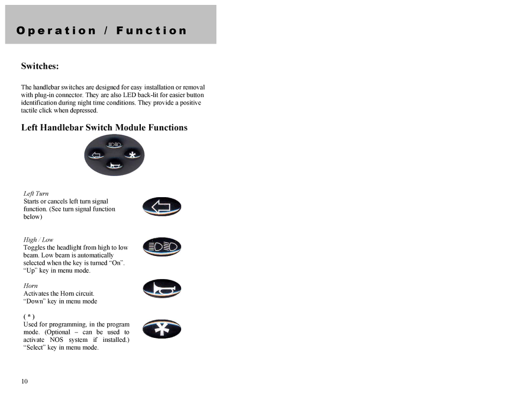 Dynamic Distributors Switch Cubes appendix Switches, Left Handlebar Switch Module Functions 