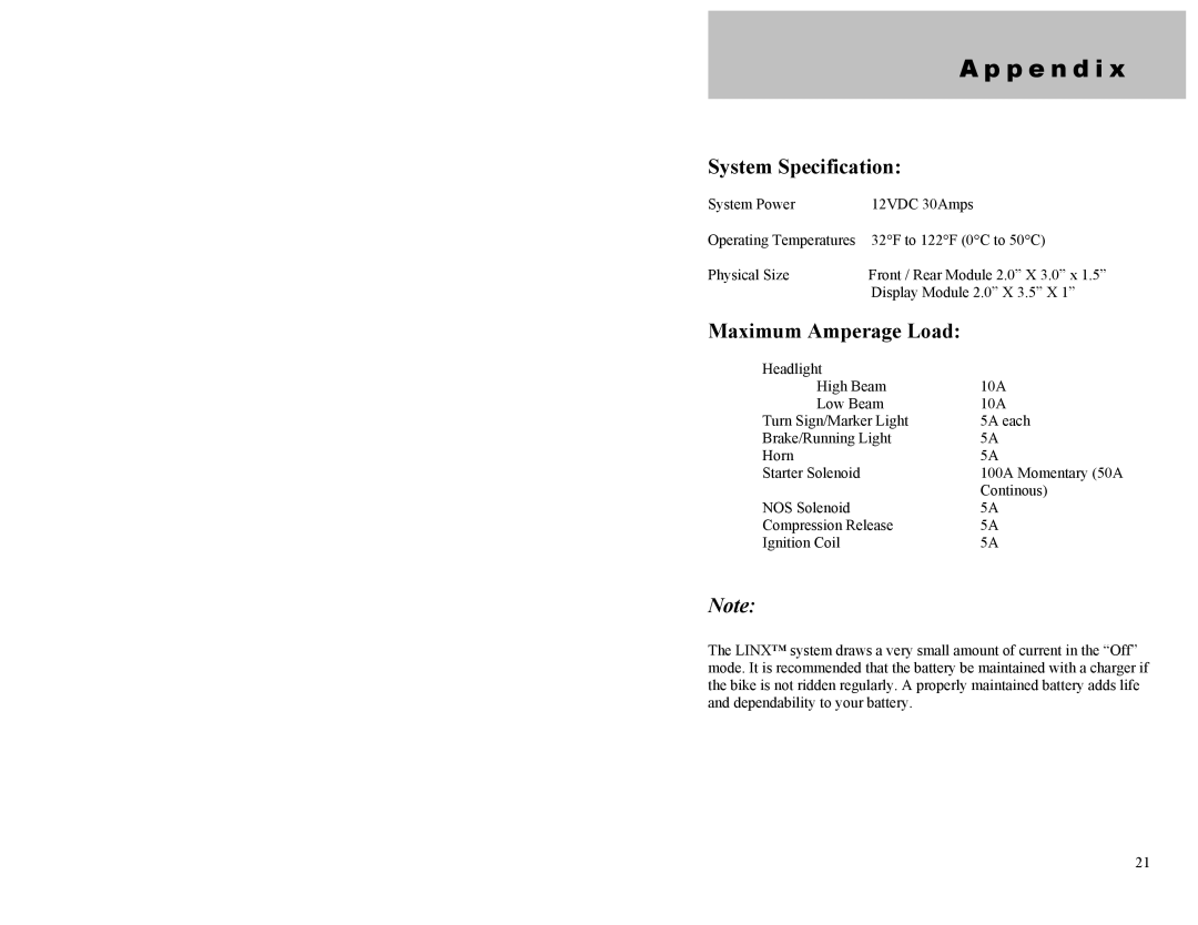 Dynamic Distributors Switch Cubes appendix P e n d i, System Specification, Maximum Amperage Load 