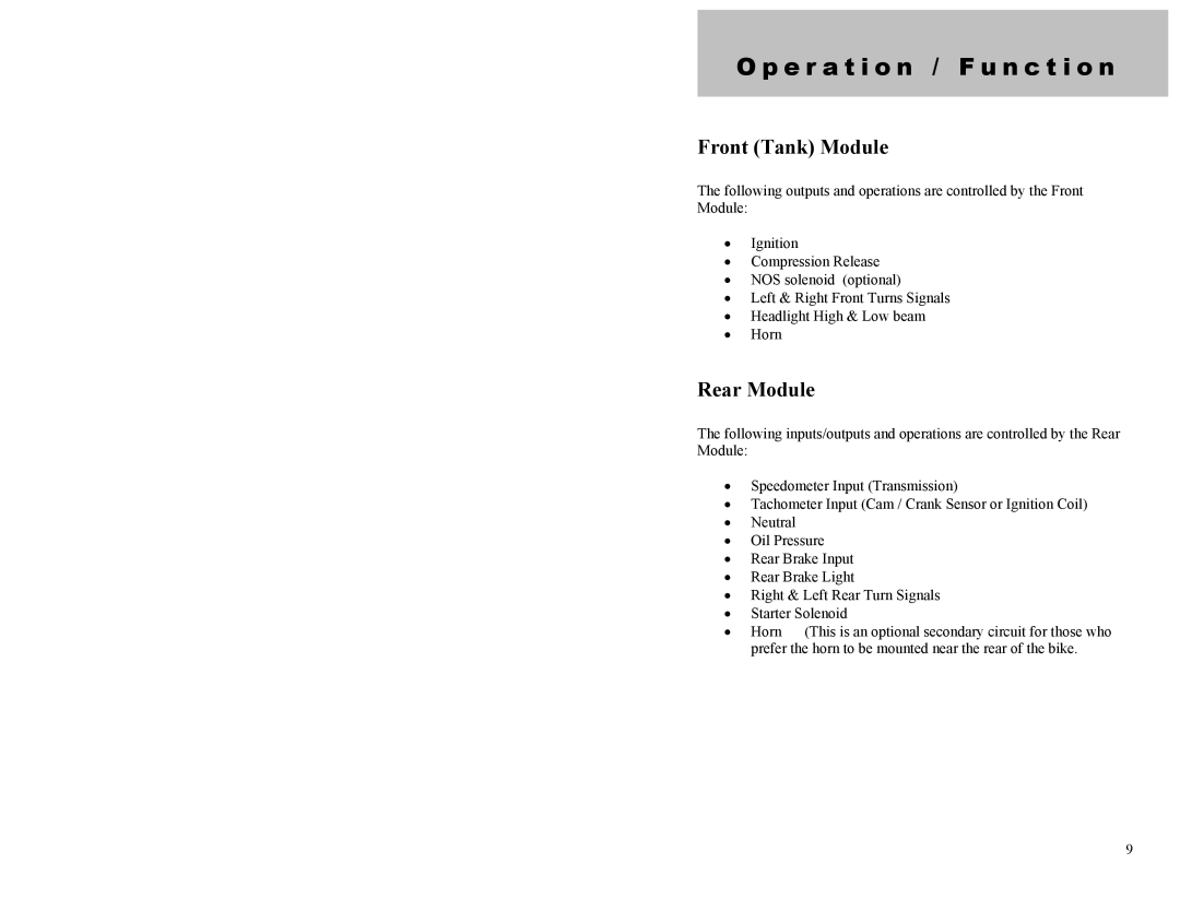 Dynamic Distributors Switch Cubes appendix E r a t i o n / F u n c t i o n, Front Tank Module, Rear Module 