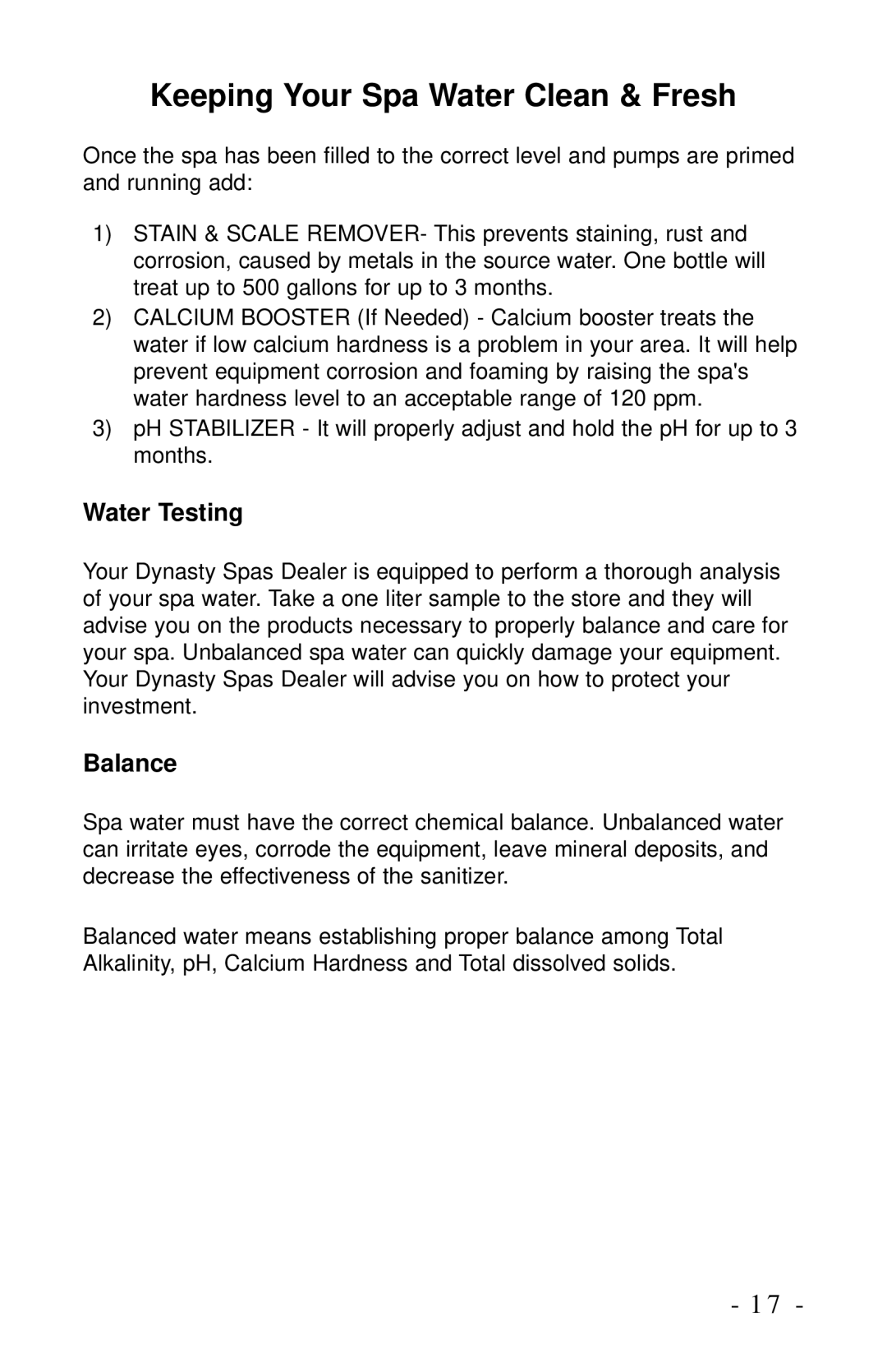 Dynasty Spas 2006 owner manual Water Testing, Balance 