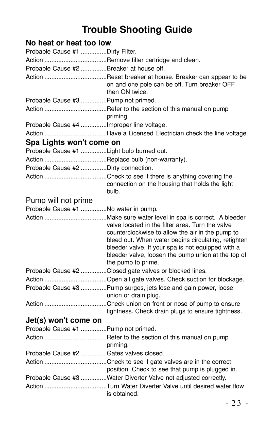 Dynasty Spas 2006 owner manual Trouble Shooting Guide, No heat or heat too low, Spa Lights wont come on, Jets wont come on 