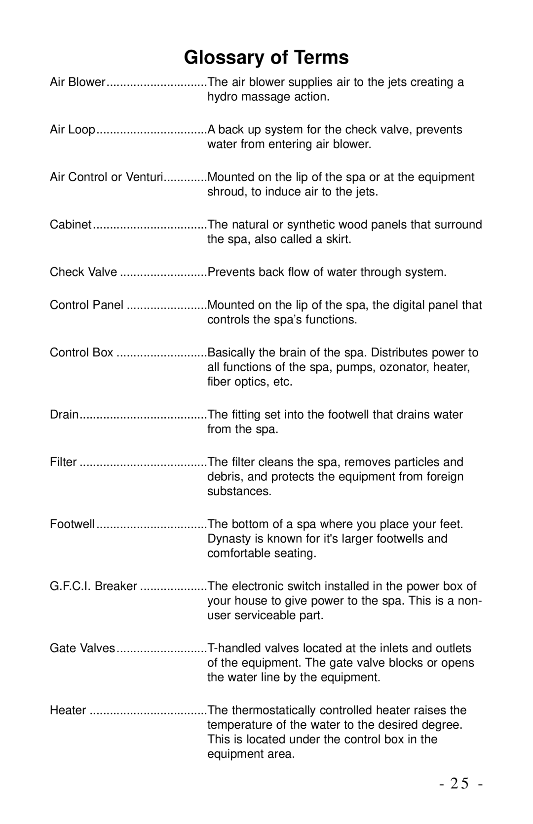 Dynasty Spas 2006 owner manual Glossary of Terms 