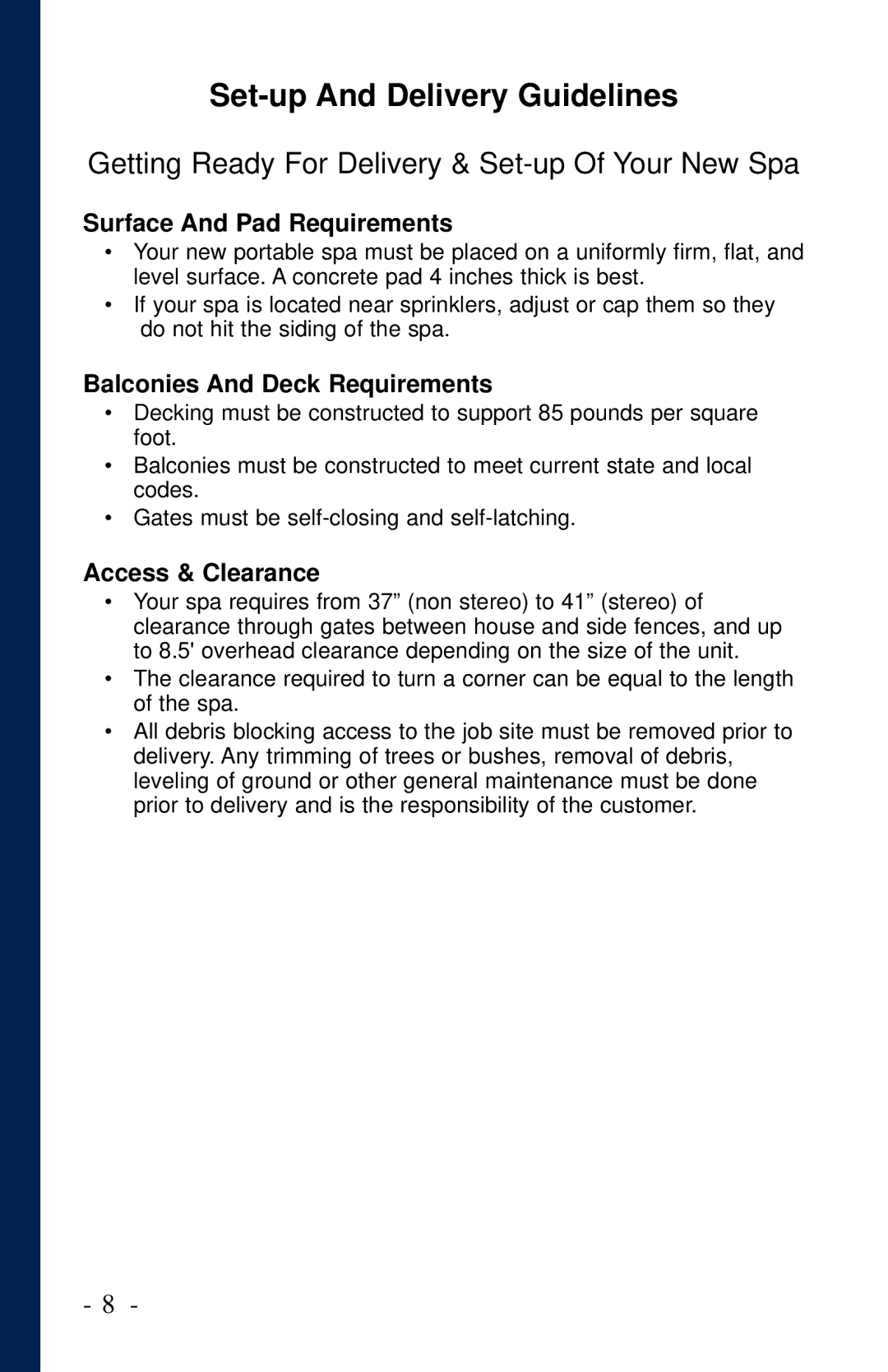 Dynasty Spas 2006 Set-up And Delivery Guidelines, Surface And Pad Requirements, Balconies And Deck Requirements 