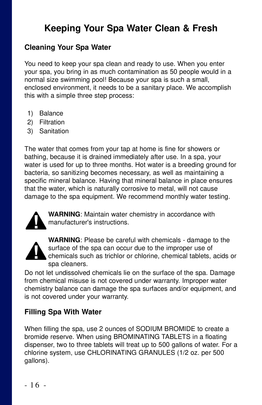 Dynasty Spas 2006 owner manual Keeping Your Spa Water Clean & Fresh, Cleaning Your Spa Water, Filling Spa With Water 