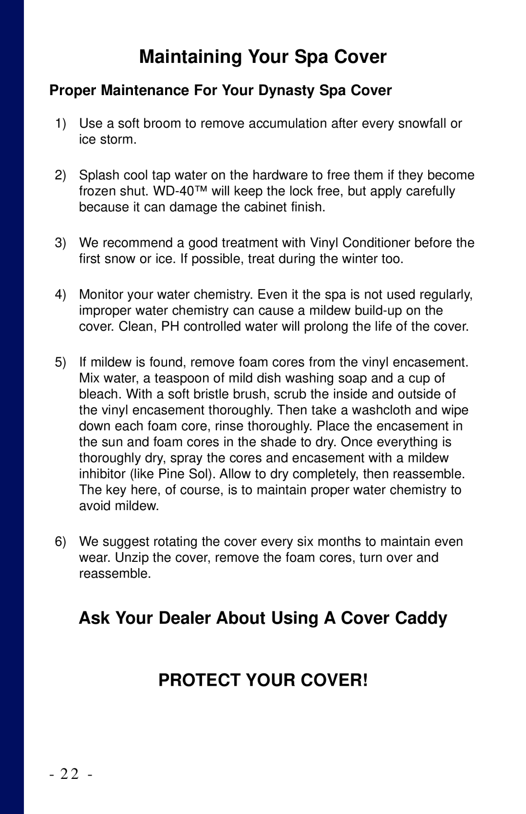 Dynasty Spas 2006 owner manual Maintaining Your Spa Cover, Ask Your Dealer About Using A Cover Caddy, Protect Your Cover 