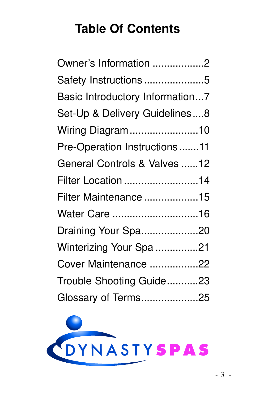 Dynasty Spas 2006 owner manual Table Of Contents 