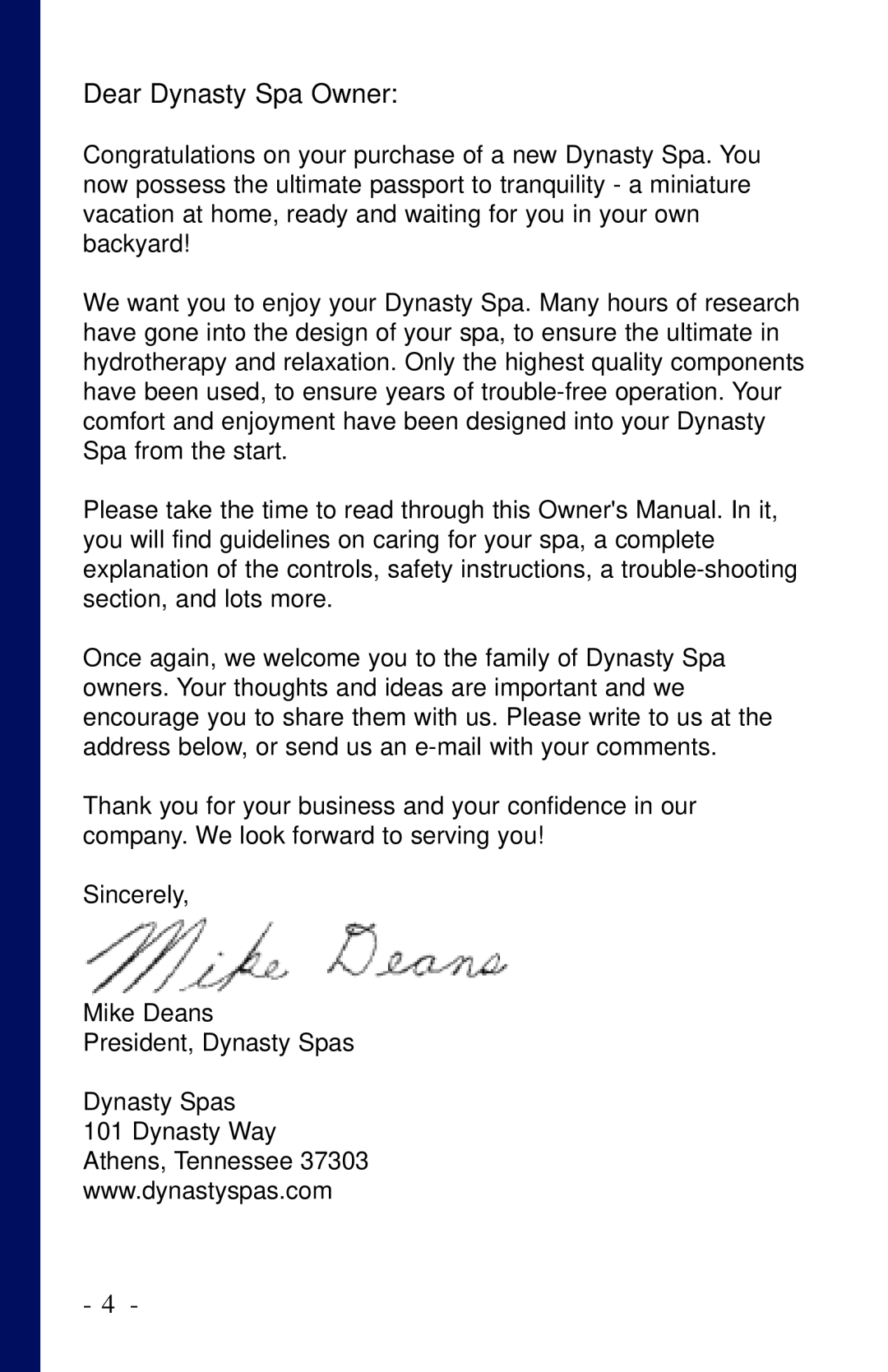 Dynasty Spas 2006 owner manual Dear Dynasty Spa Owner 