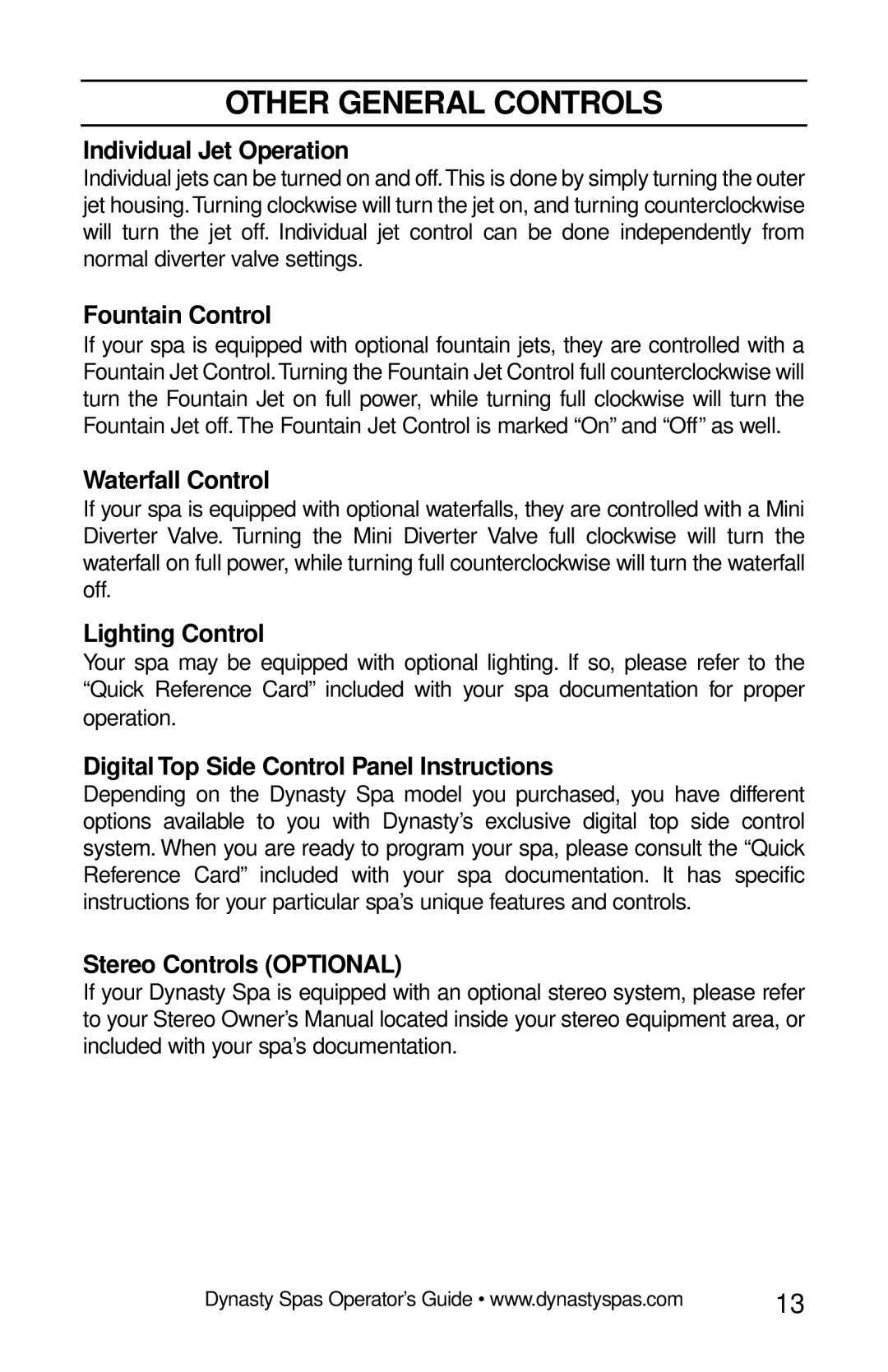 Dynasty Spas 2007 manual Other General Controls 