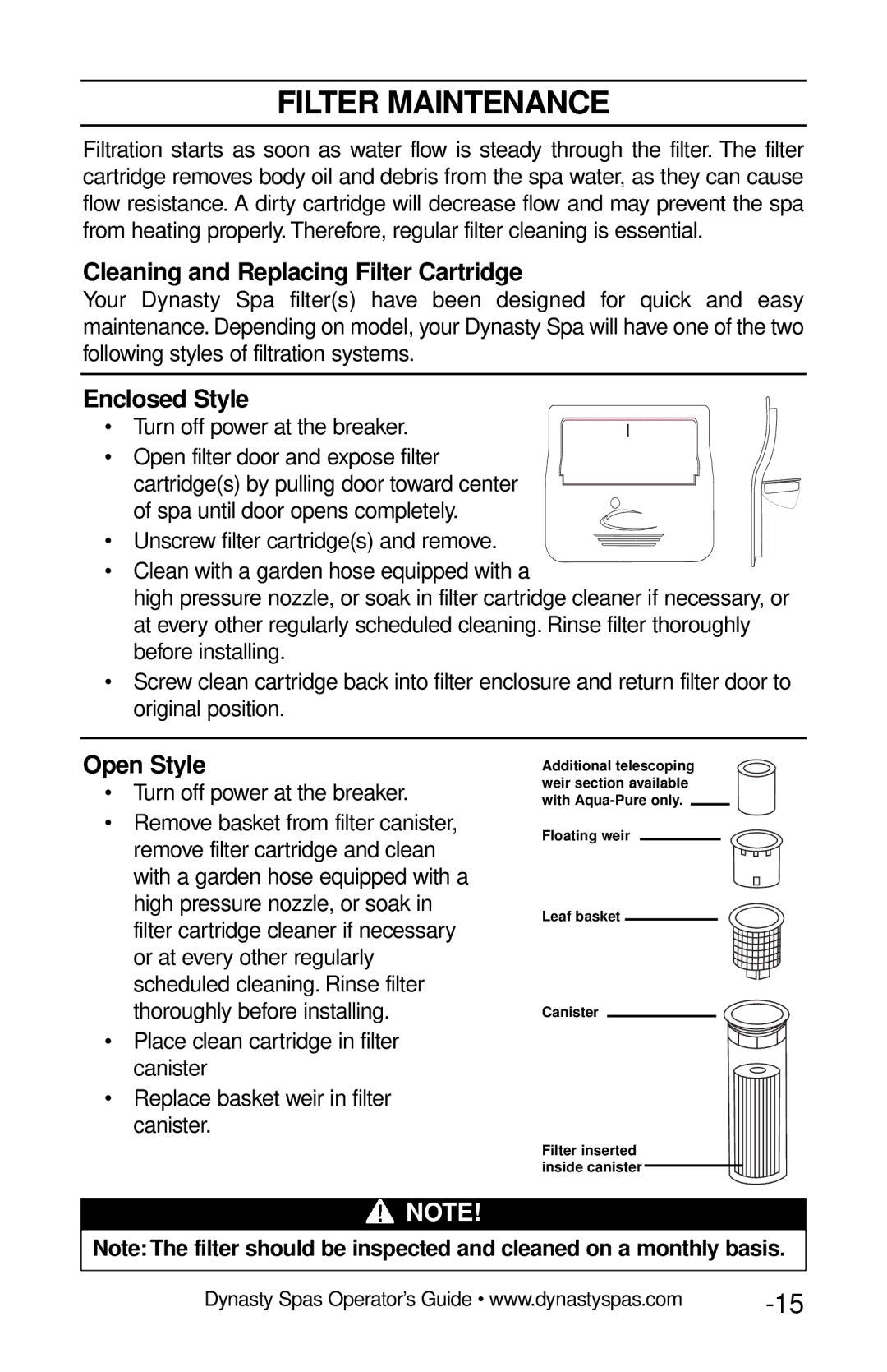 Dynasty Spas 2007 manual Filter Maintenance, Cleaning and Replacing Filter Cartridge, Enclosed Style, Open Style 