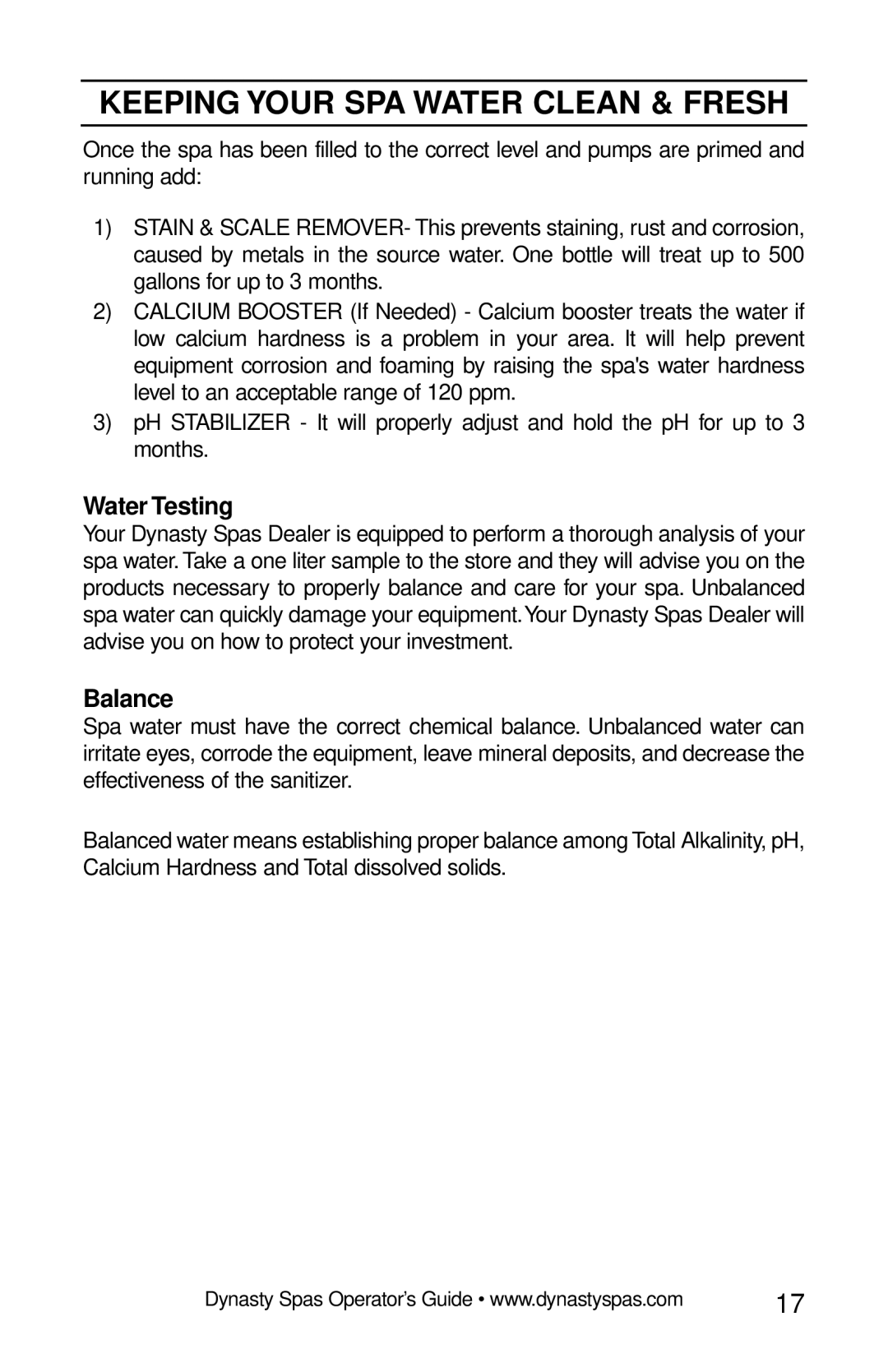 Dynasty Spas 2007 manual Water Testing, Balance 