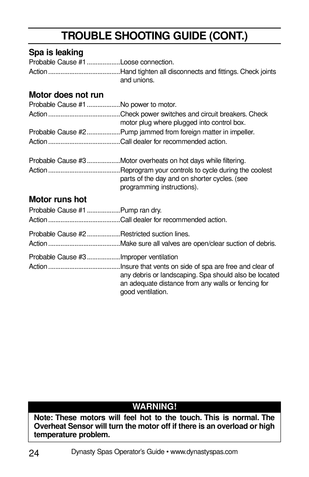 Dynasty Spas 2007 manual Spa is leaking, Motor does not run 