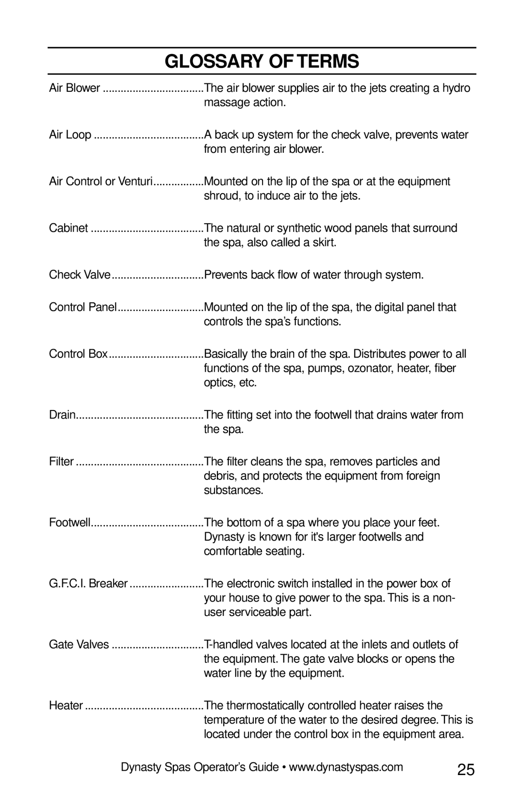 Dynasty Spas 2007 manual Glossary of Terms, Controls the spa’s functions 