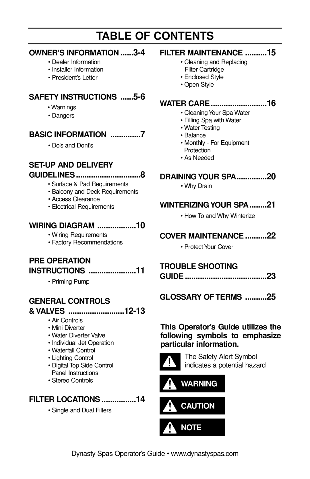 Dynasty Spas 2007 manual Table of Contents 