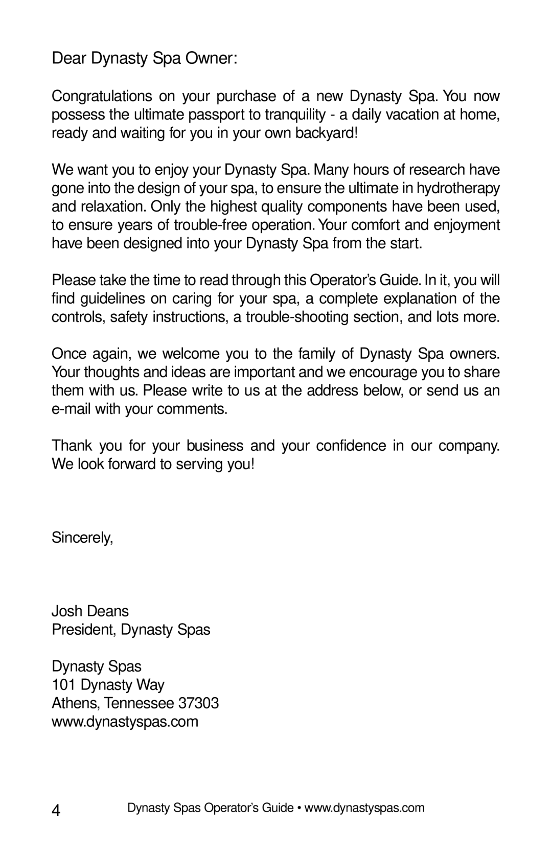 Dynasty Spas 2007 manual Dear Dynasty Spa Owner 