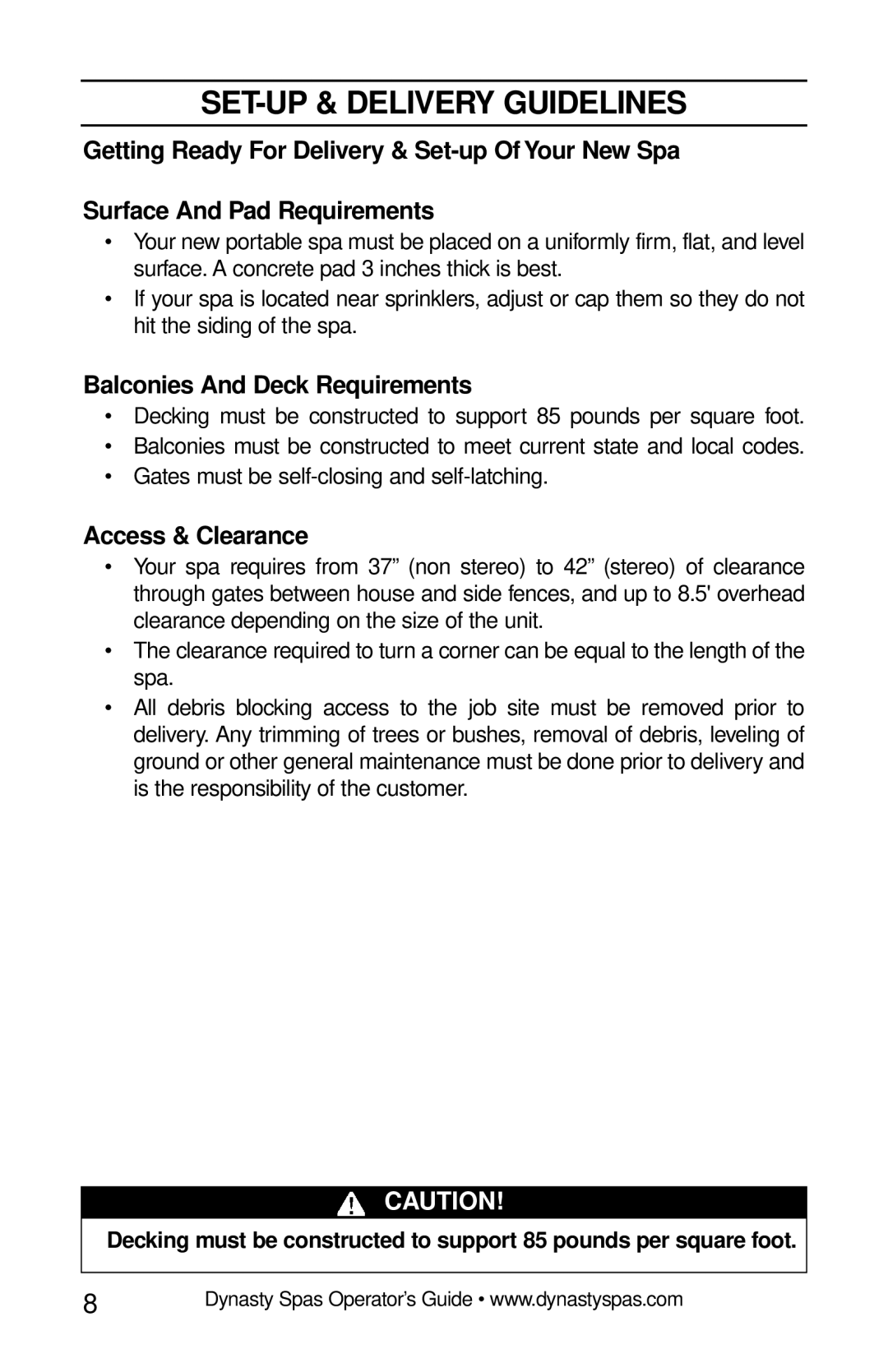 Dynasty Spas 2007 manual SET-UP & Delivery Guidelines, Balconies And Deck Requirements, Access & Clearance 